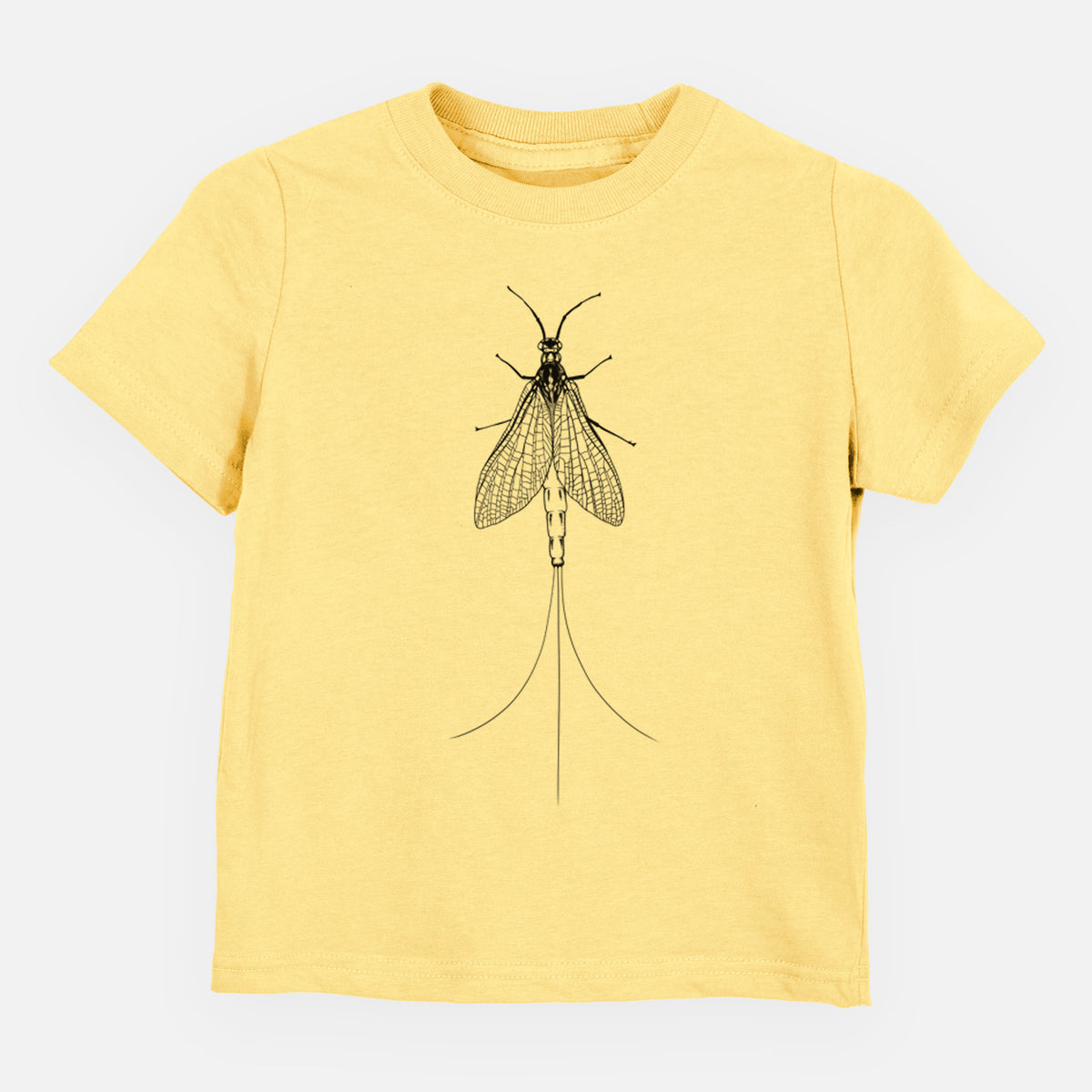Butter yellow toddler t-shirt laid flat, printed with a detailed black ink illustration of a mayfly with its wings raised and long tail filaments.