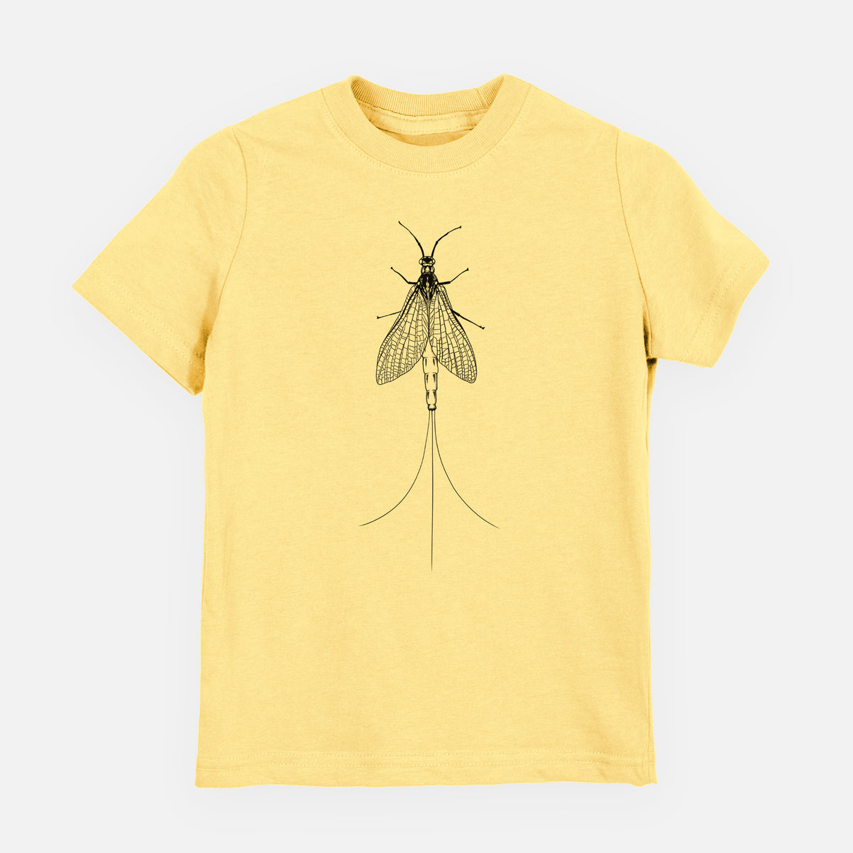 Butter yellow youth t-shirt laid flat, printed with a detailed black ink illustration of a mayfly with its wings raised and long tail filaments.