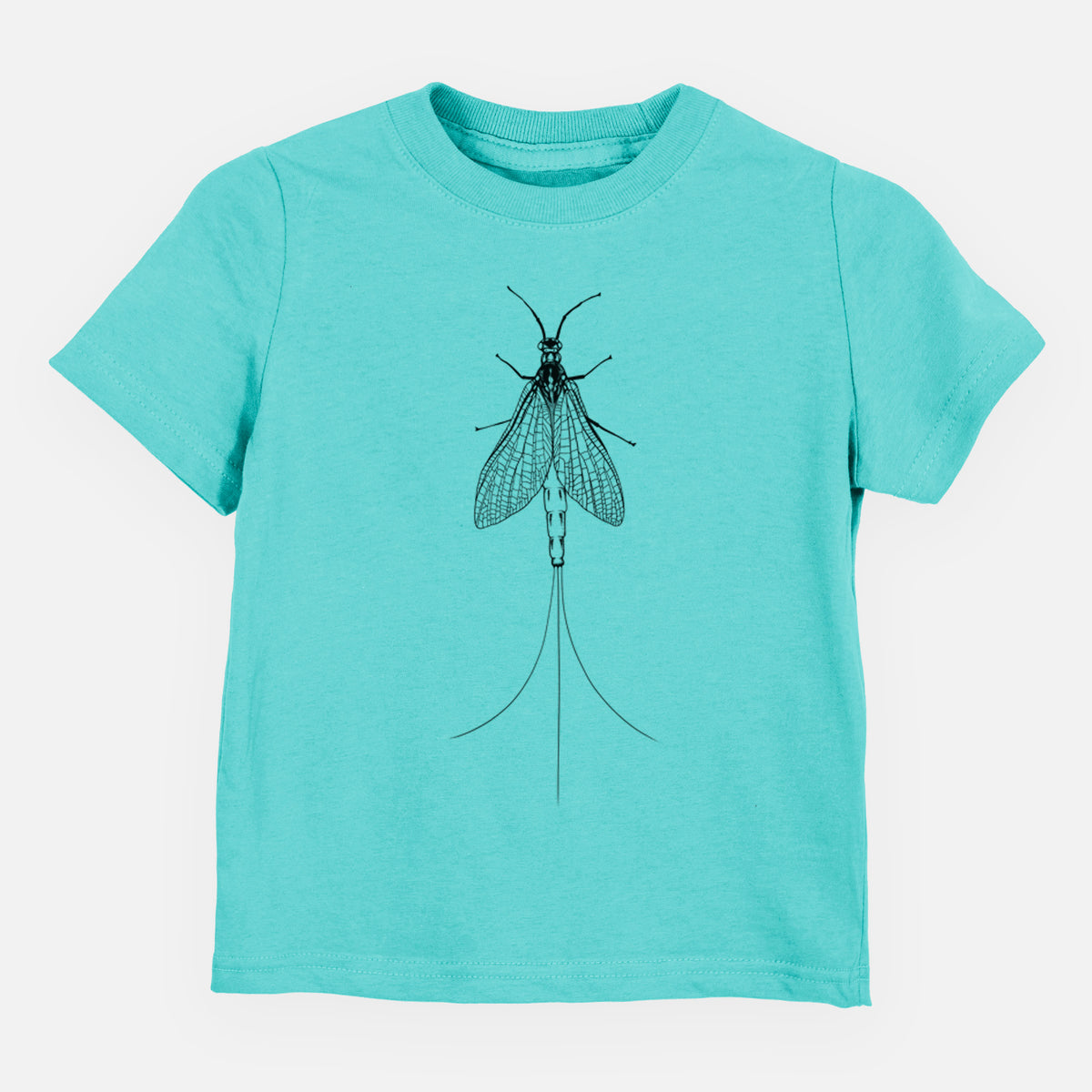 Caribbean blue toddler t-shirt laid flat, printed with a detailed black ink illustration of a mayfly with its wings raised and long tail filaments.