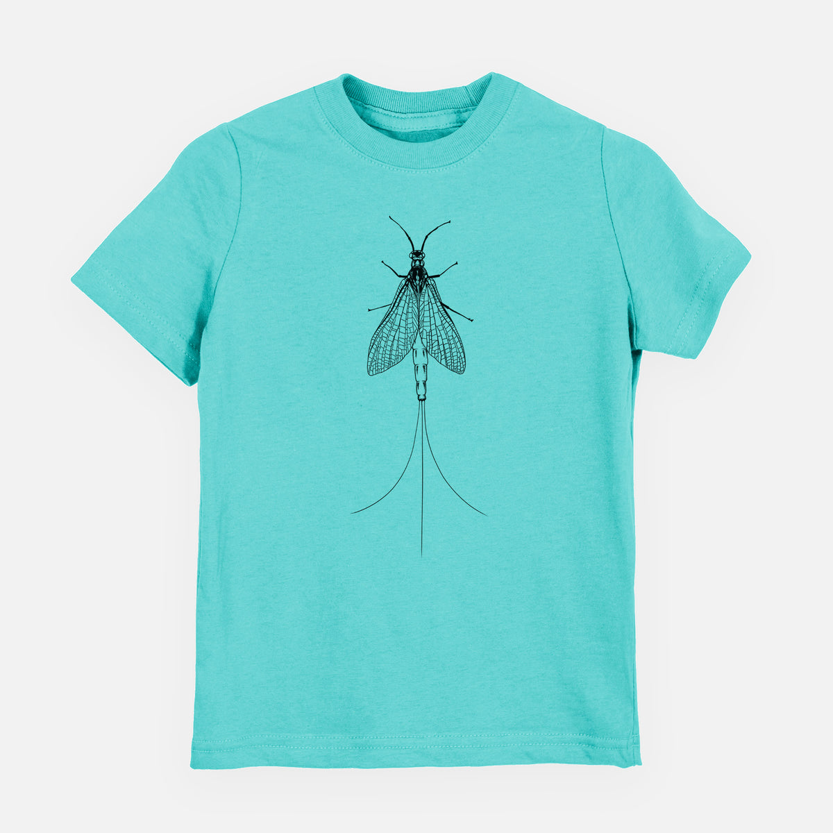 Caribbean blue youth t-shirt laid flat, printed with a detailed black ink illustration of a mayfly with its wings raised and long tail filaments.