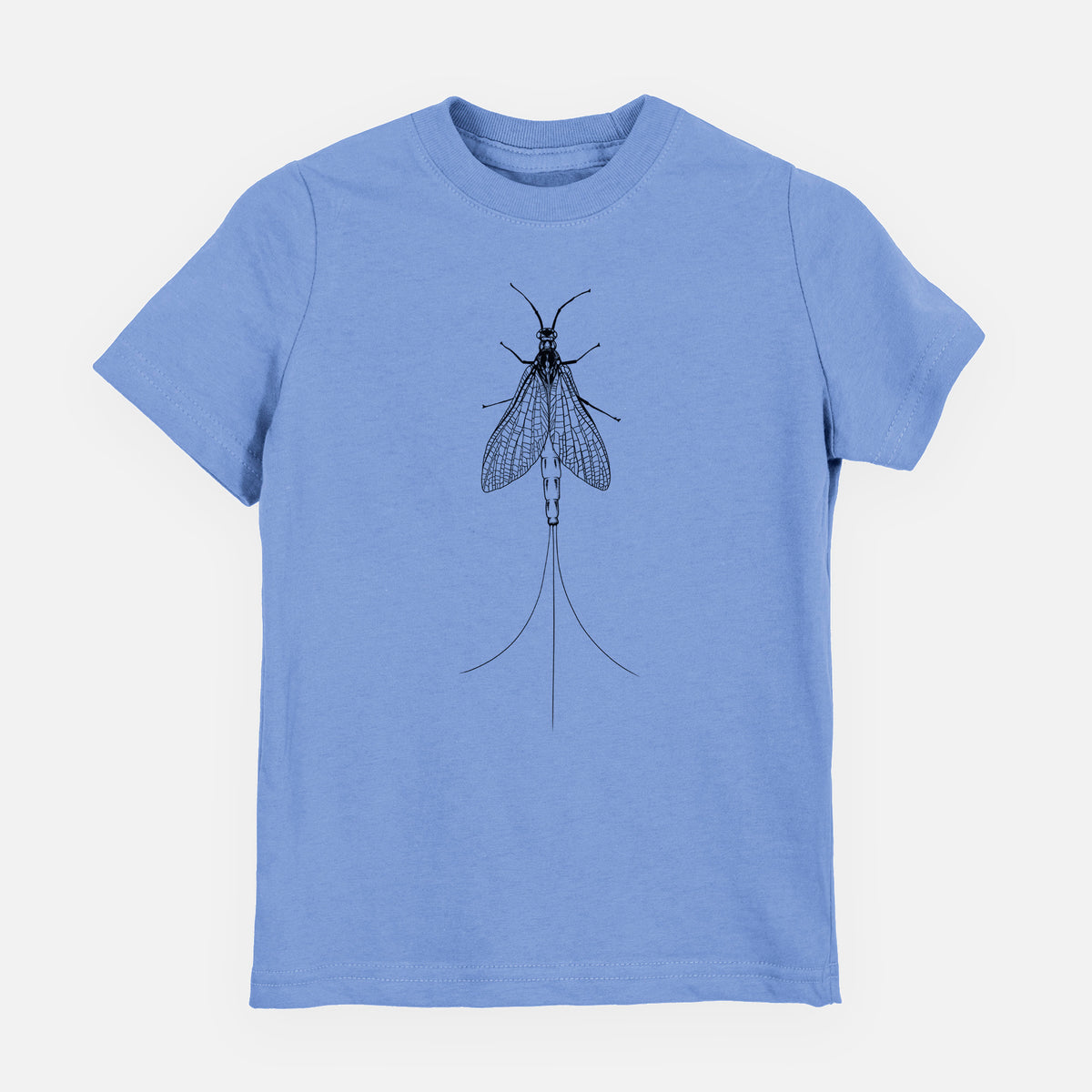Carolina blue youth t-shirt laid flat, printed with a detailed black ink illustration of a mayfly with its wings raised and long tail filaments.