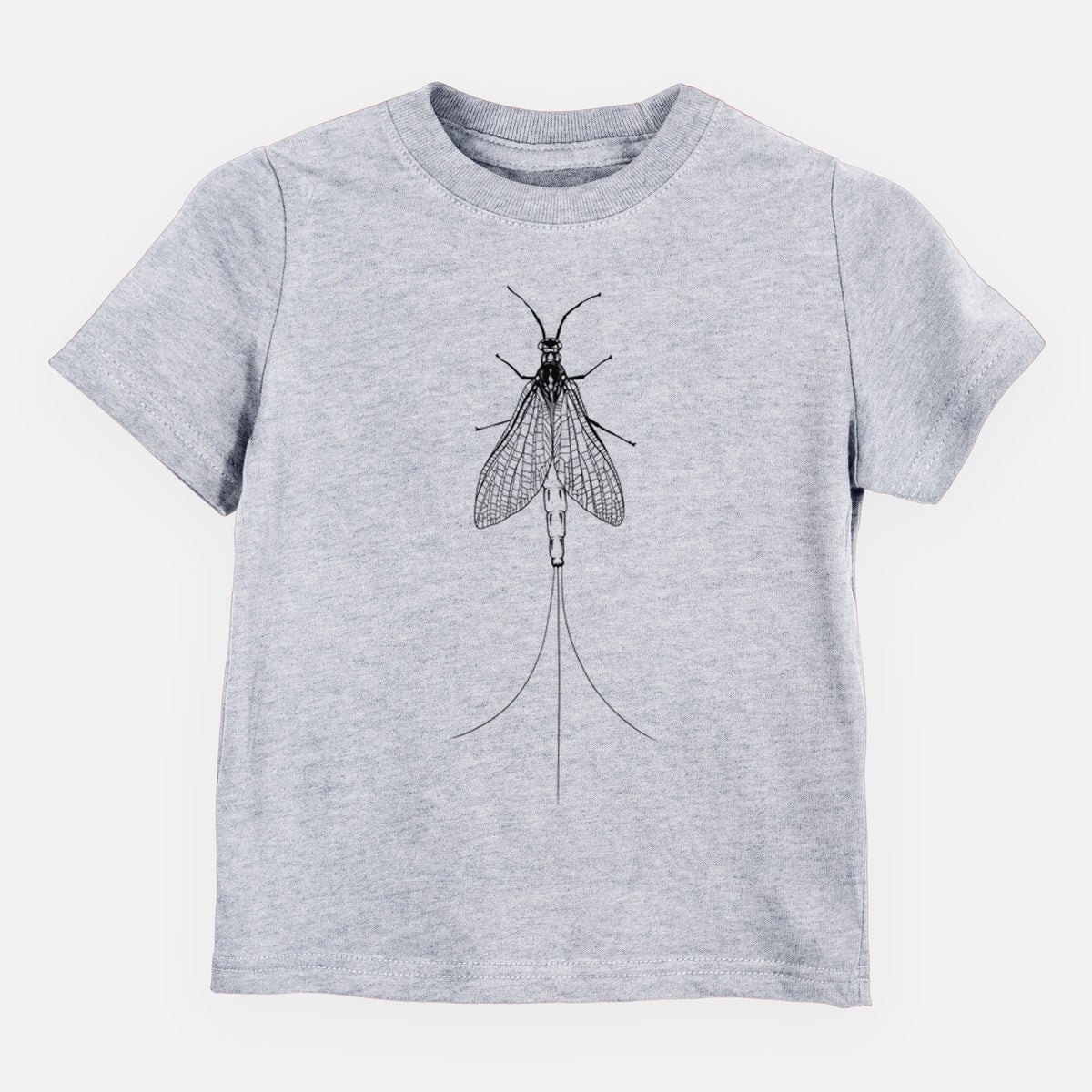 Heather grey toddler t-shirt laid flat, printed with a detailed black ink illustration of a mayfly with its wings raised and long tail filaments.