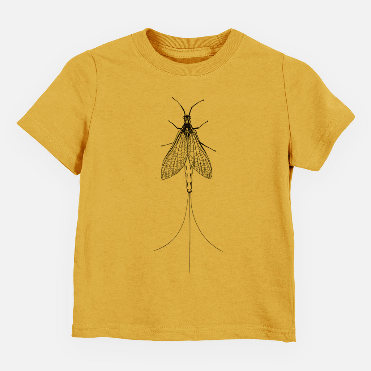Honeycomb yellow toddler t-shirt laid flat, printed with a detailed black ink illustration of a mayfly with its wings raised and long tail filaments.