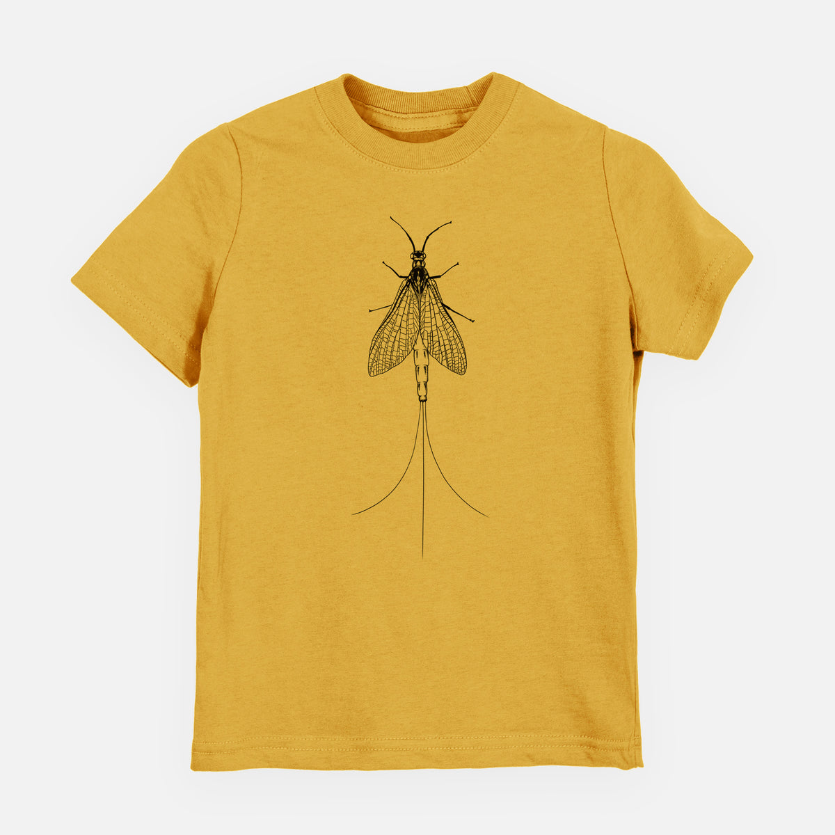 Honeycomb yellow youth t-shirt laid flat, printed with a detailed black ink illustration of a mayfly with its wings raised and long tail filaments.