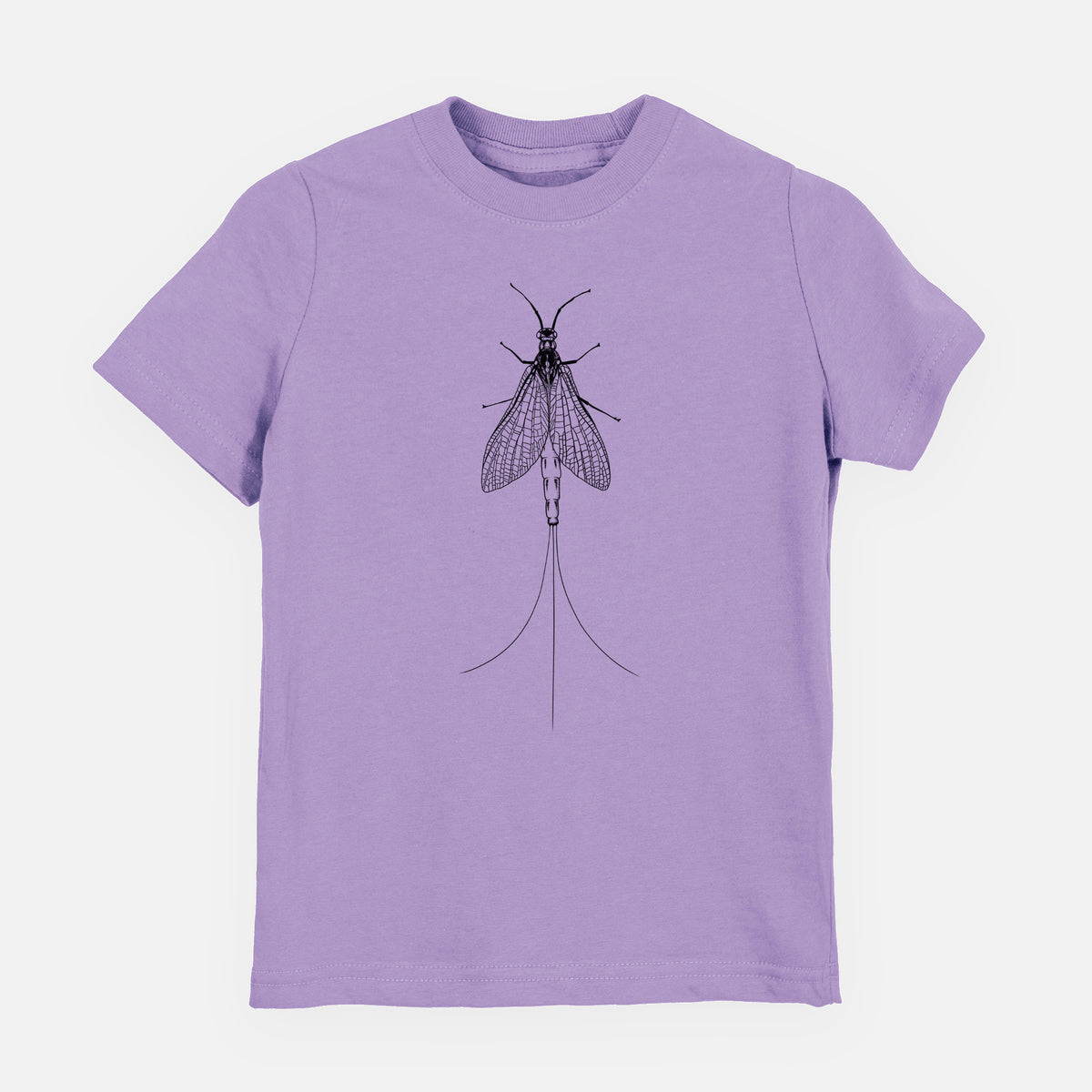Lavender youth t-shirt laid flat, printed with a detailed black ink illustration of a mayfly with its wings raised and long tail filaments.