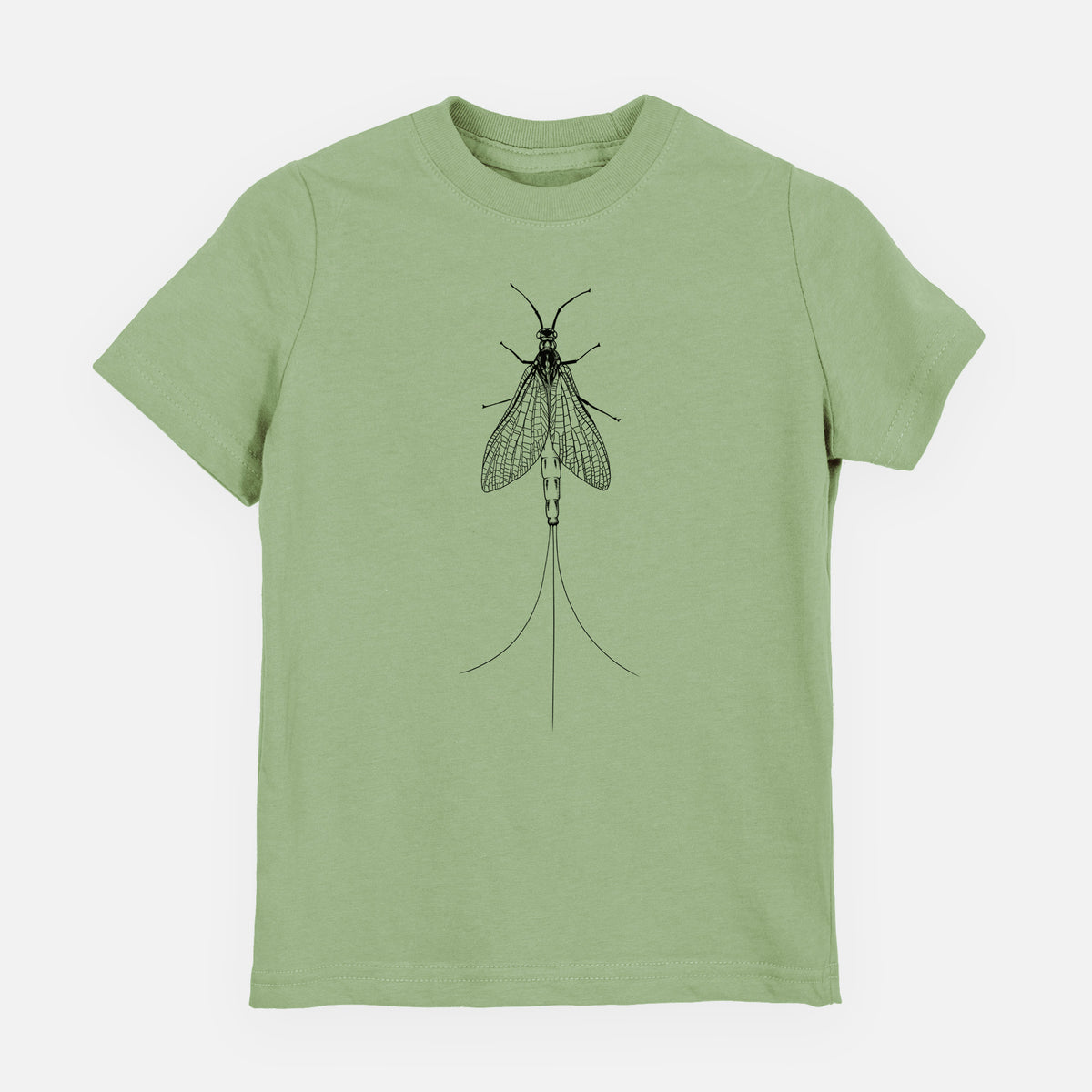 Sage green youth t-shirt laid flat, printed with a detailed black ink illustration of a mayfly with its wings raised and long tail filaments.