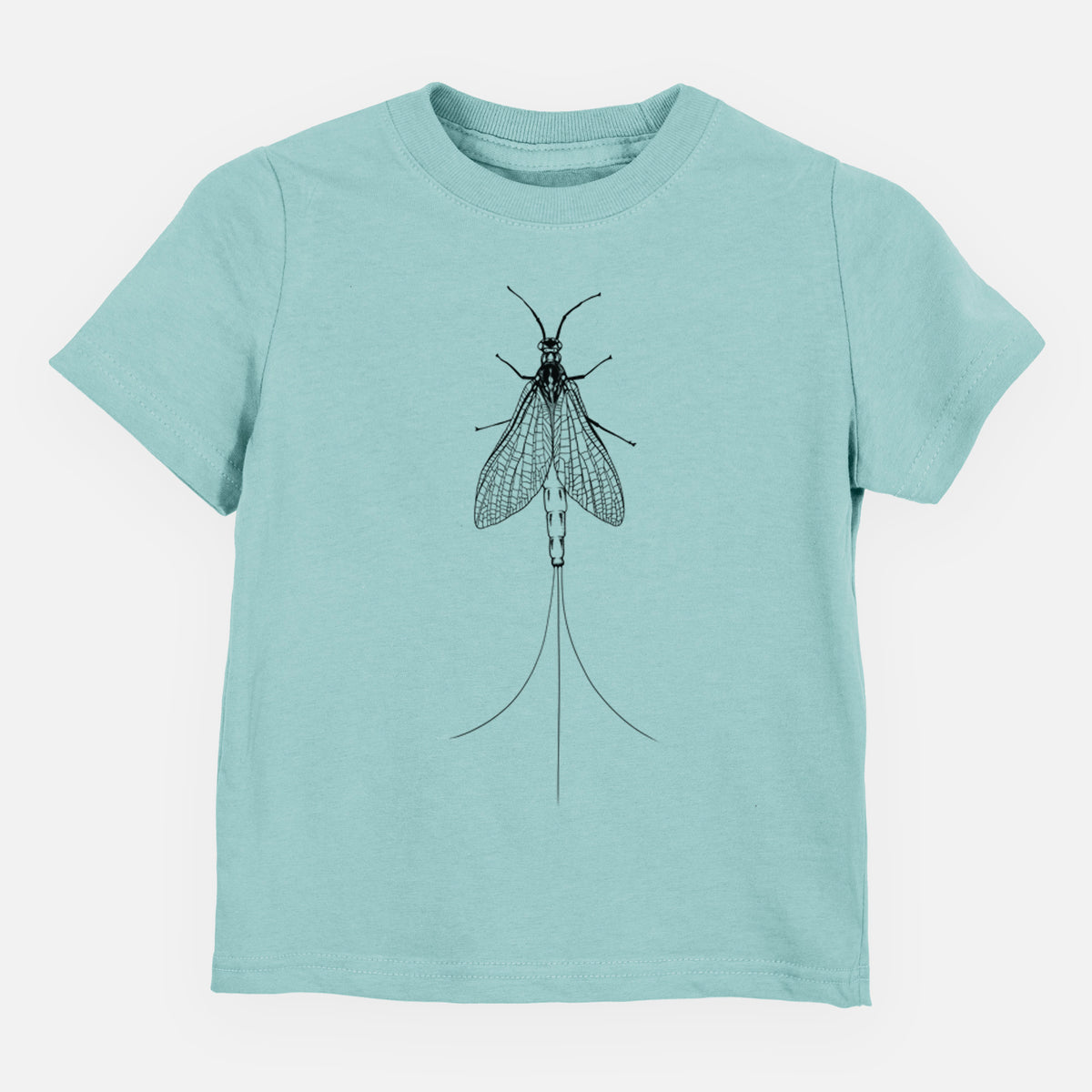 Saltwater toddler t-shirt laid flat, printed with a detailed black ink illustration of a mayfly with its wings raised and long tail filaments.