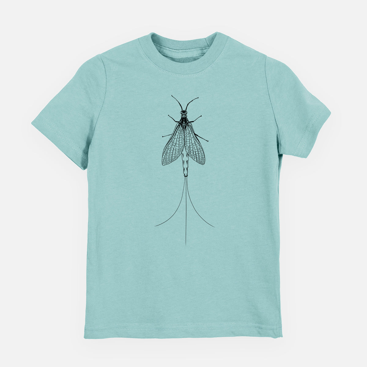 Saltwater youth t-shirt laid flat, printed with a detailed black ink illustration of a mayfly with its wings raised and long tail filaments.