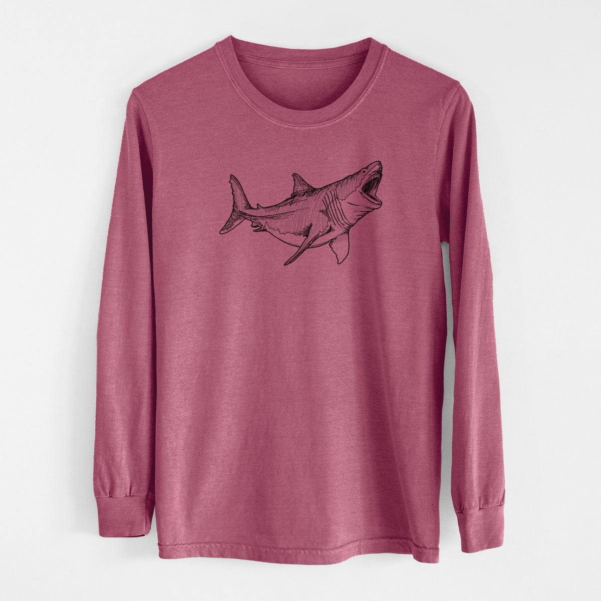 Crimson Comfort Colors long sleeve shirt laid flat, printed with a black ink illustration of a megalodon shark with its jaws open.