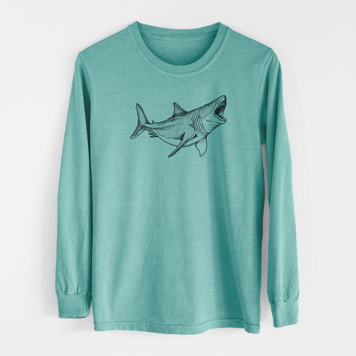 Reef green Comfort Colors long sleeve shirt laid flat, printed with a black ink illustration of a megalodon shark with its jaws open.