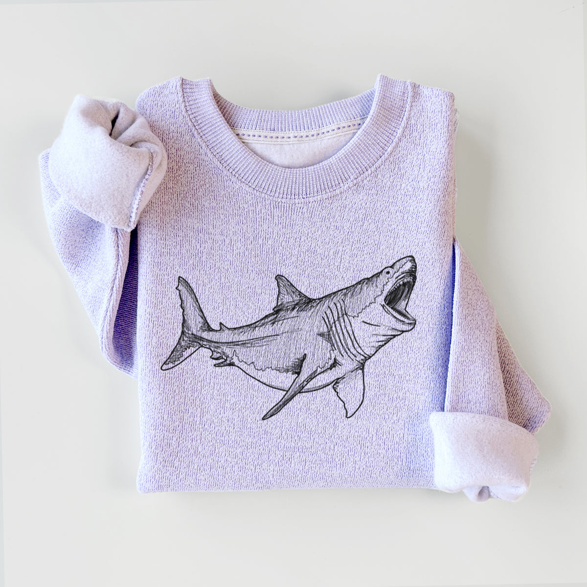 Ice purple knit sweatshirt printed with a black ink illustration of a megalodon shark with its jaws open, styled flat.