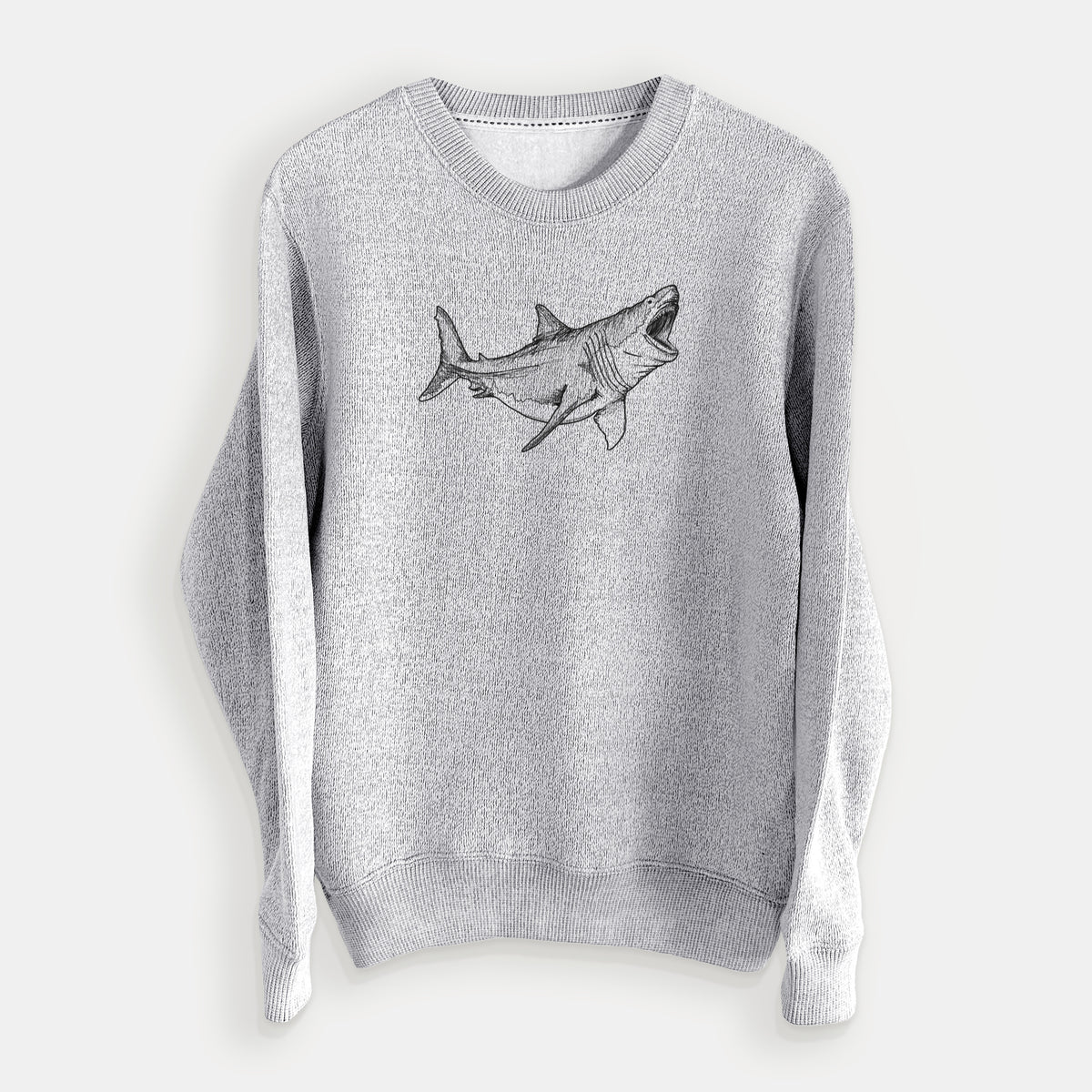 Salt and pepper knit sweatshirt laid flat, printed with a black ink illustration of a megalodon shark with its jaws open.