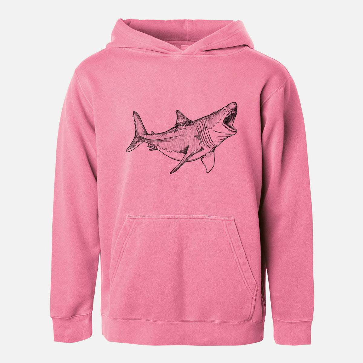 Pigment pink youth pigment dyed hoodie laid flat, printed with a black ink illustration of a megalodon shark with its jaws open.