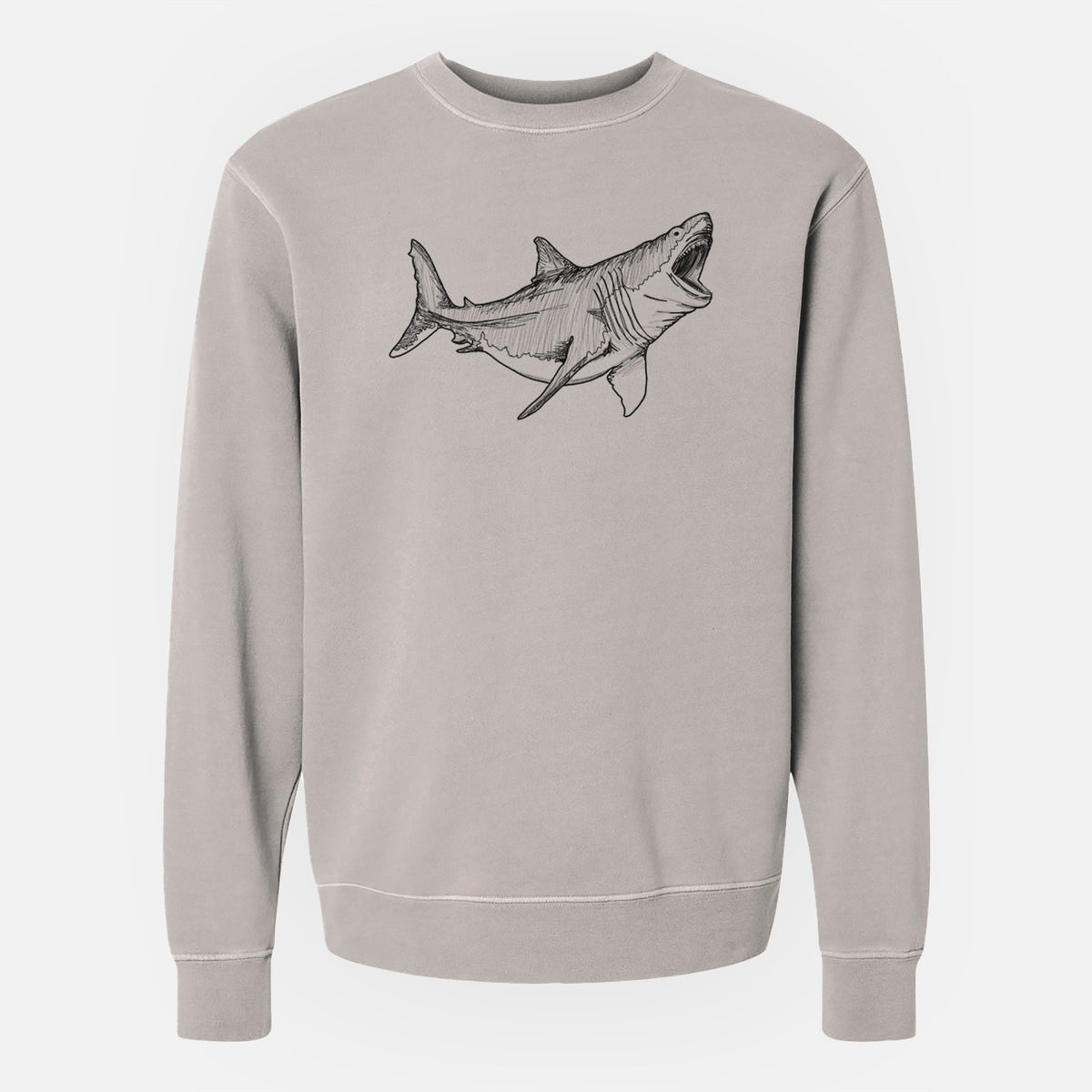 Cement grey pigment dyed crewneck sweatshirt laid flat, printed with a black ink illustration of a megalodon shark with its jaws open.