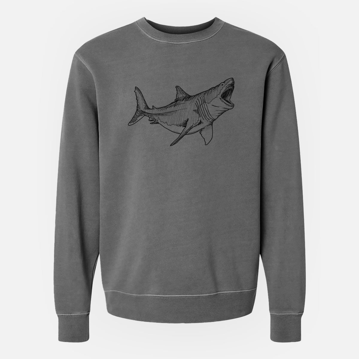 Faded black pigment dyed crewneck sweatshirt laid flat, printed with a black ink illustration of a megalodon shark with its jaws open.