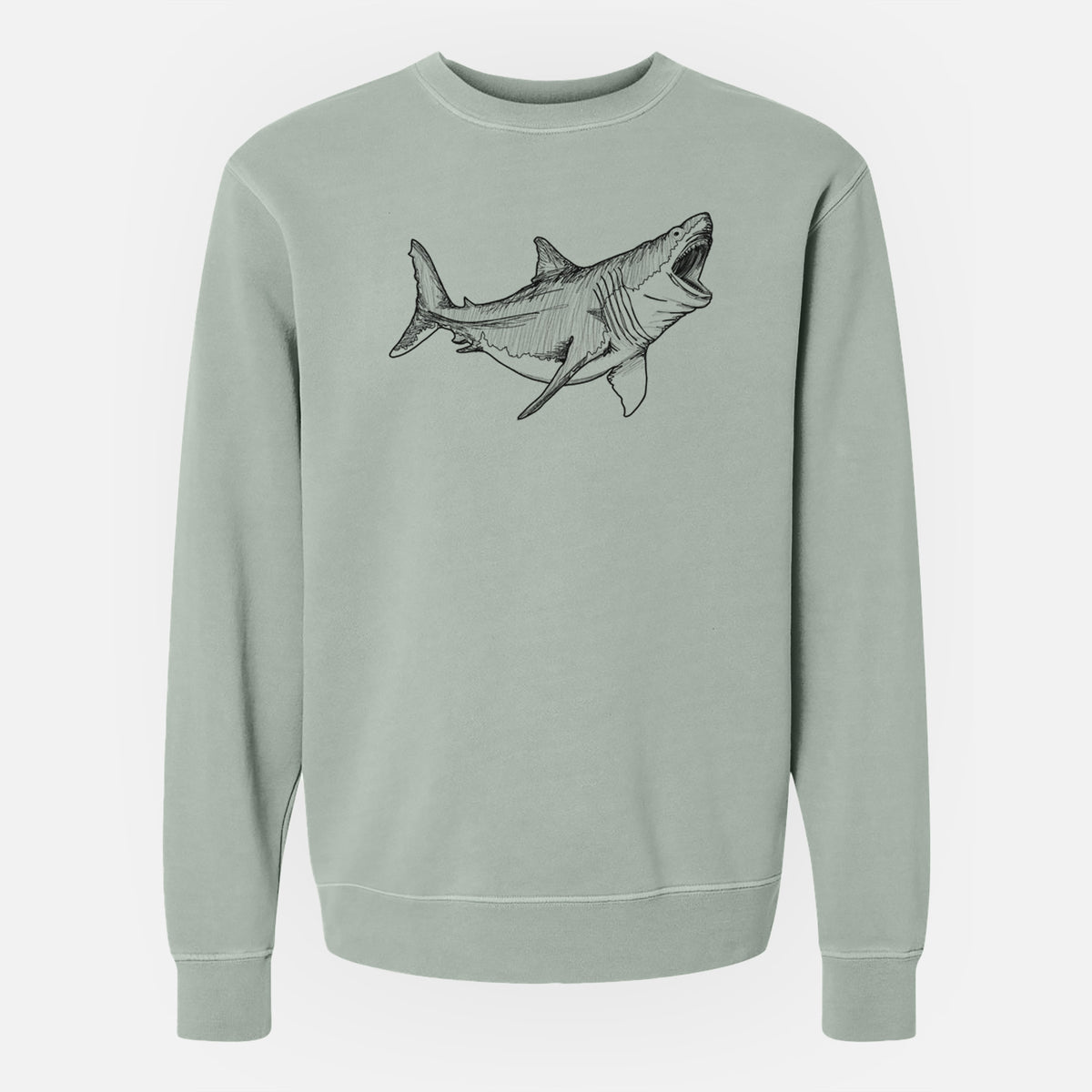 Sage green pigment dyed crewneck sweatshirt laid flat, printed with a black ink illustration of a megalodon shark with its jaws open.