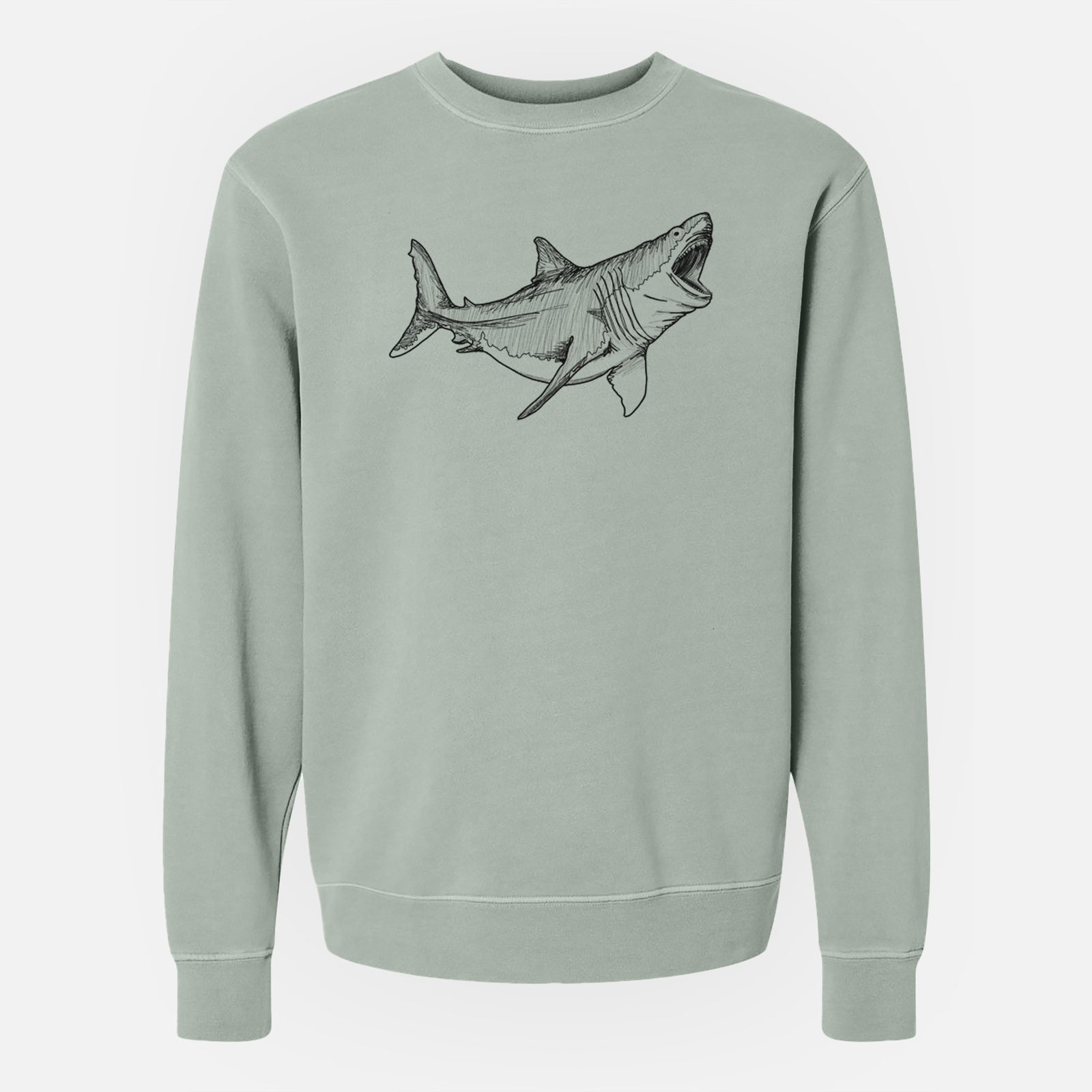 Sage green pigment dyed crewneck sweatshirt laid flat, printed with a black ink illustration of a megalodon shark with its jaws open.