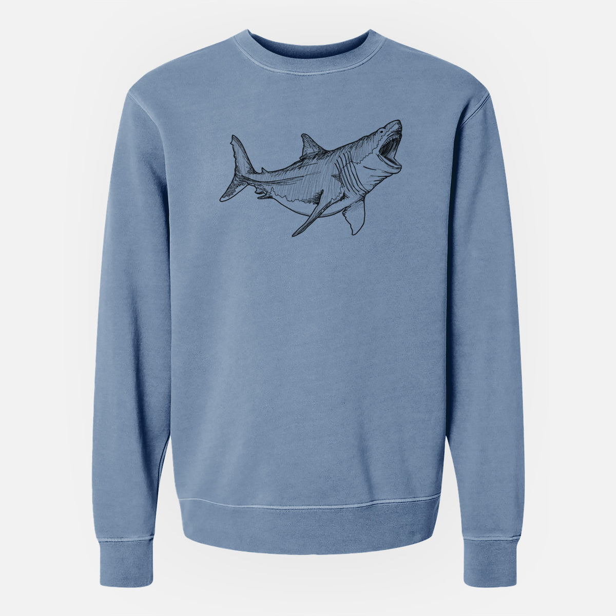 Slate blue pigment dyed crewneck sweatshirt laid flat, printed with a black ink illustration of a megalodon shark with its jaws open.