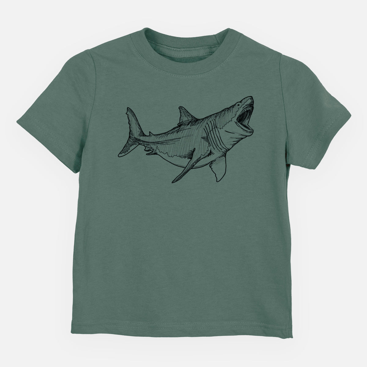 Basil green toddler t-shirt laid flat, printed with a black ink illustration of a megalodon shark with its jaws open.