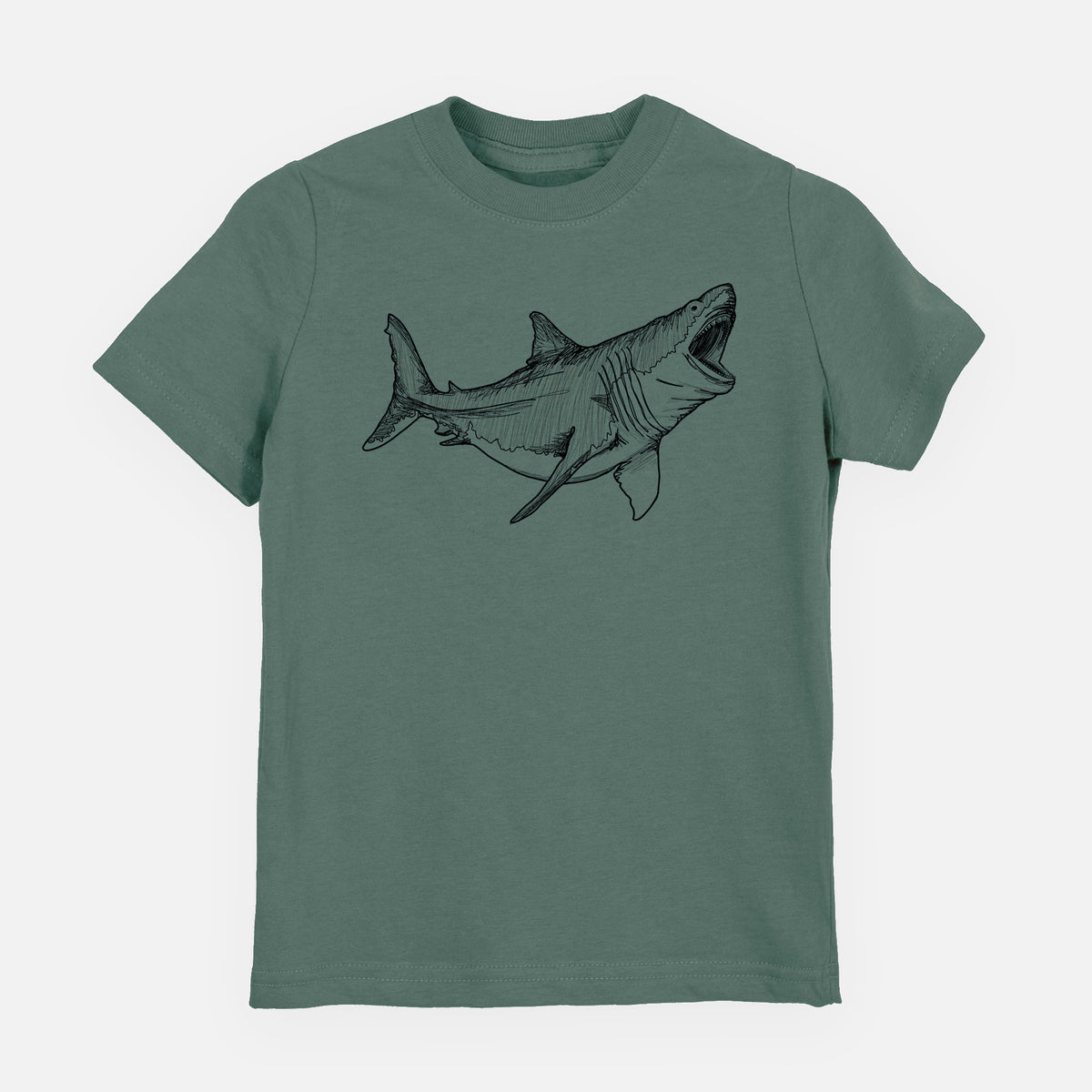 Basil green youth t-shirt laid flat, printed with a black ink illustration of a megalodon shark with its jaws open.
