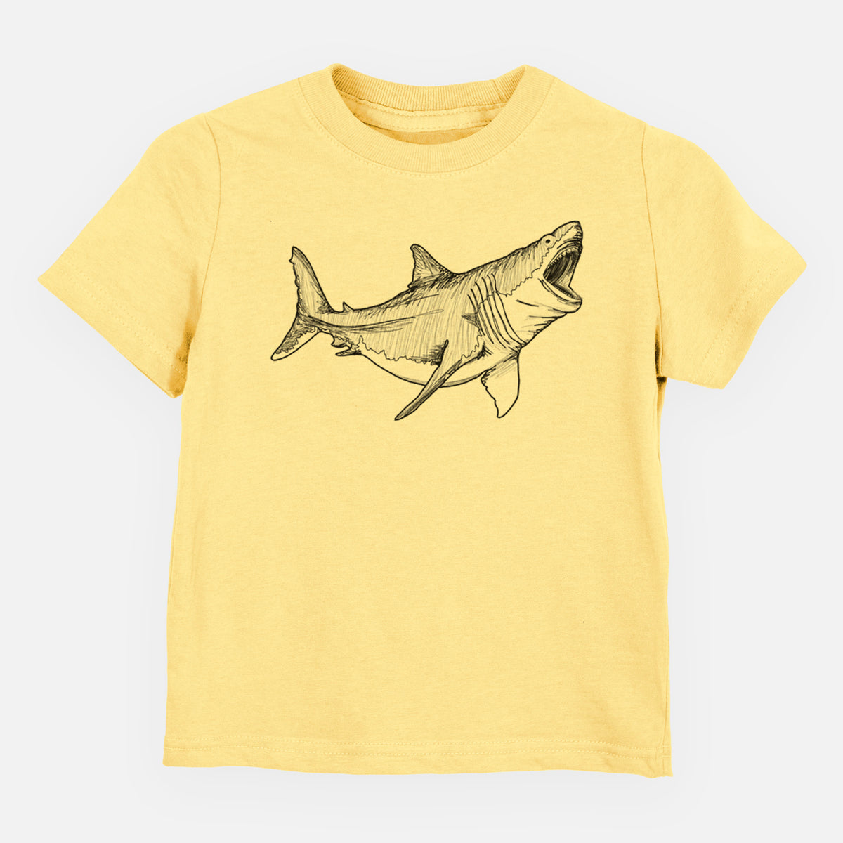 Butter yellow toddler t-shirt laid flat, printed with a black ink illustration of a megalodon shark with its jaws open.
