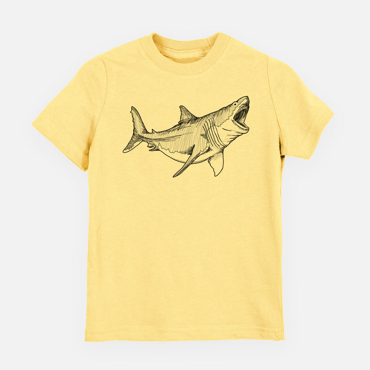 Butter yellow youth t-shirt laid flat, printed with a black ink illustration of a megalodon shark with its jaws open.