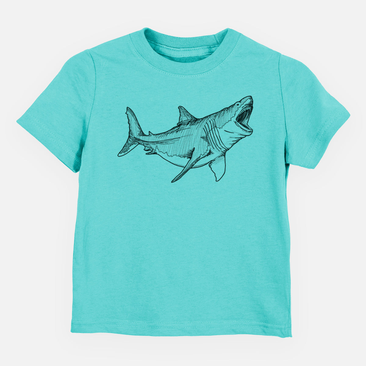 Caribbean blue toddler t-shirt laid flat, printed with a black ink illustration of a megalodon shark with its jaws open.
