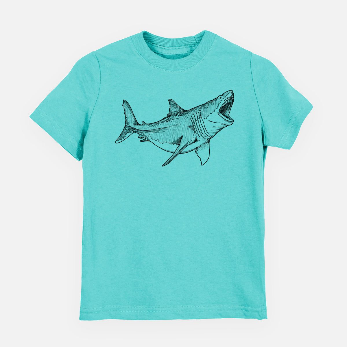 Caribbean blue youth t-shirt laid flat, printed with a black ink illustration of a megalodon shark with its jaws open.