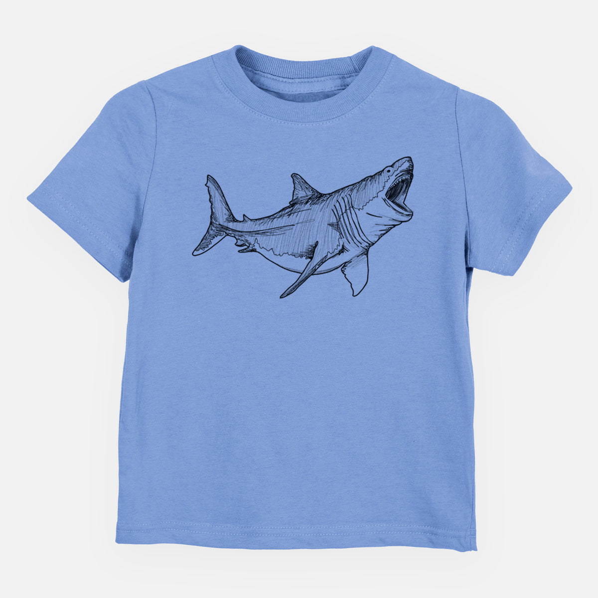 Carolina blue toddler t-shirt laid flat, printed with a black ink illustration of a megalodon shark with its jaws open.