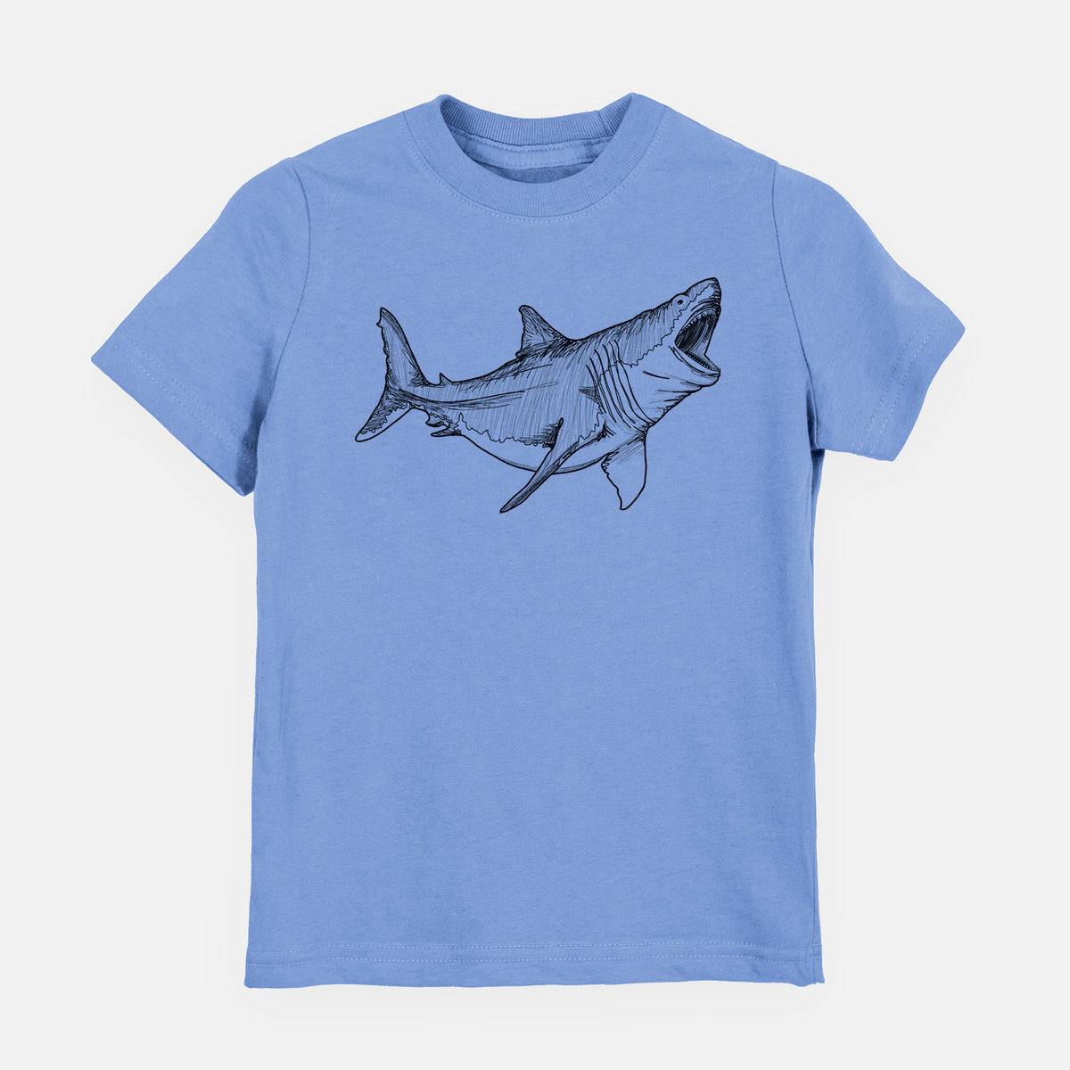Carolina blue youth t-shirt laid flat, printed with a black ink illustration of a megalodon shark with its jaws open.