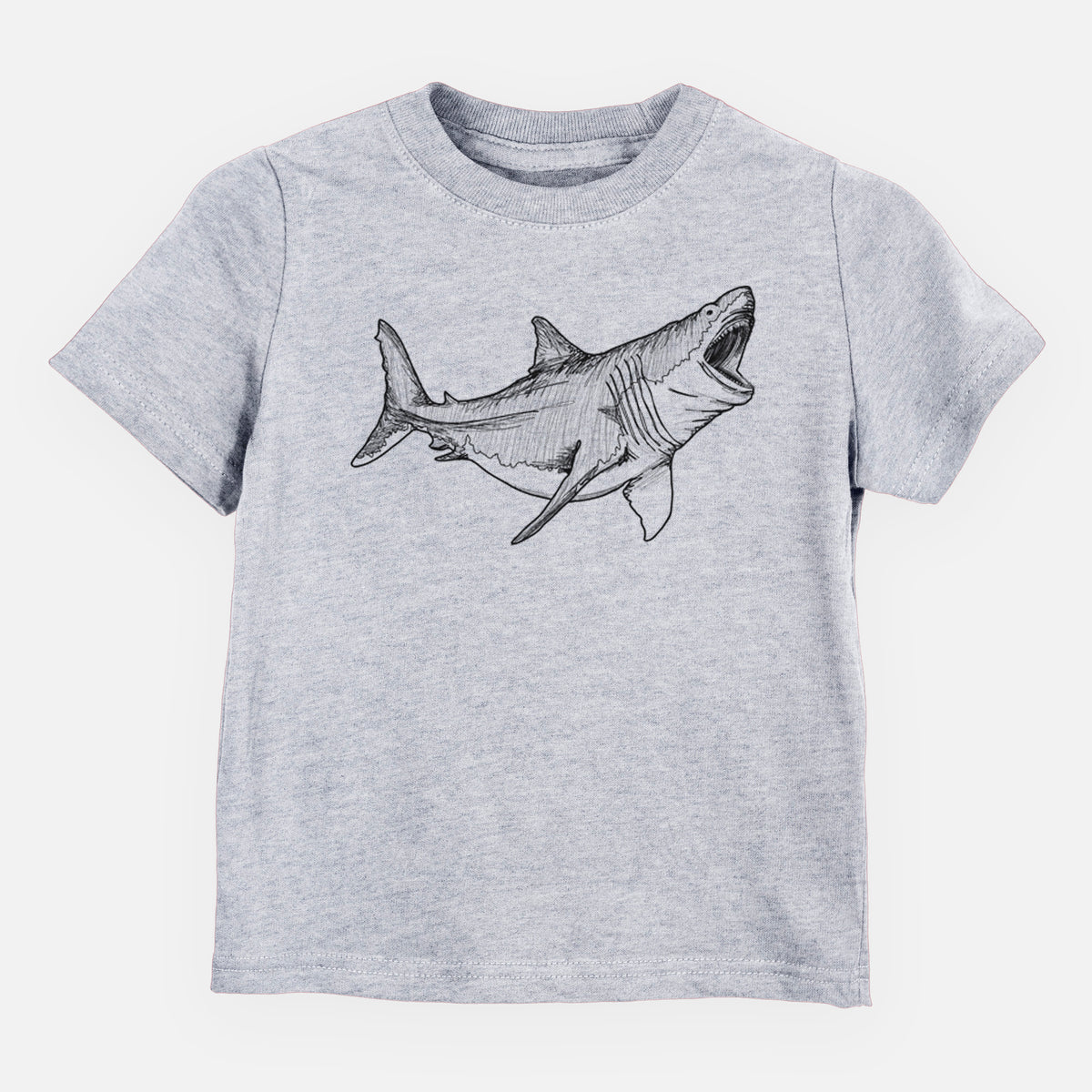 Heather grey toddler t-shirt laid flat, printed with a black ink illustration of a megalodon shark with its jaws open.