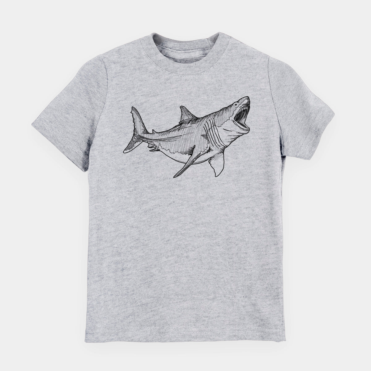 Heather grey youth t-shirt laid flat, printed with a black ink illustration of a megalodon shark with its jaws open.