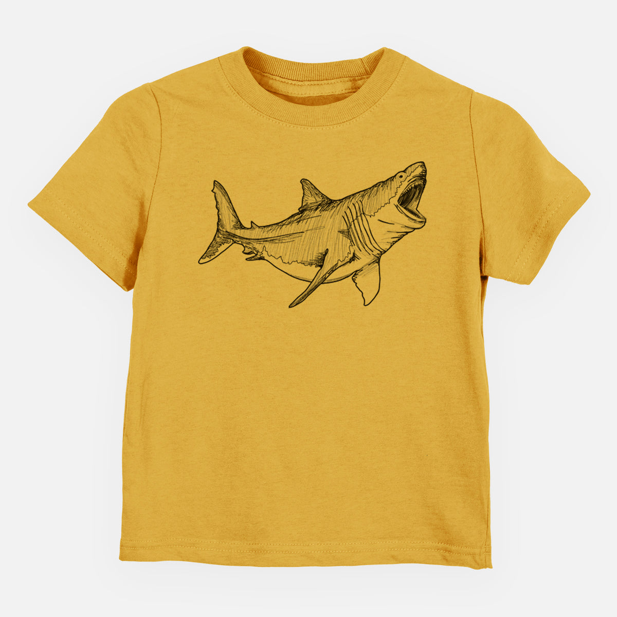 Honeycomb yellow toddler t-shirt laid flat, printed with a black ink illustration of a megalodon shark with its jaws open.