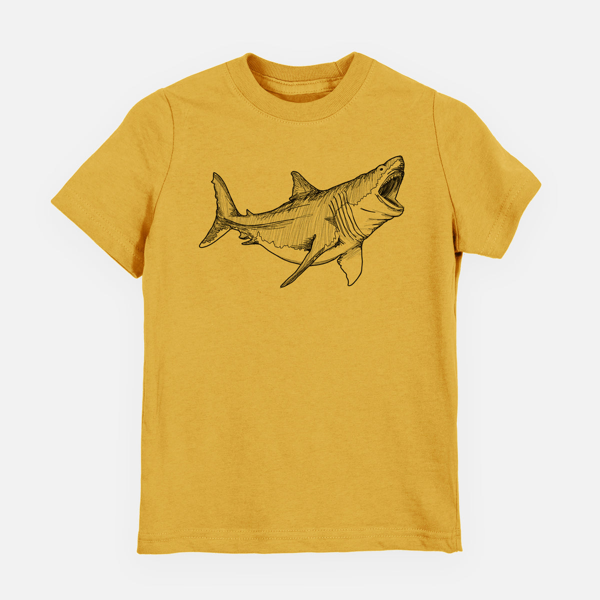 Honeycomb yellow youth t-shirt laid flat, printed with a black ink illustration of a megalodon shark with its jaws open.