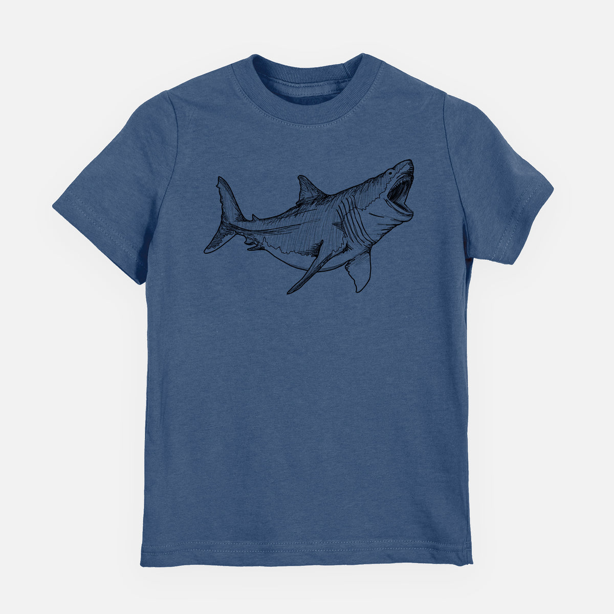 Indigo blue youth t-shirt laid flat, printed with a black ink illustration of a megalodon shark with its jaws open.