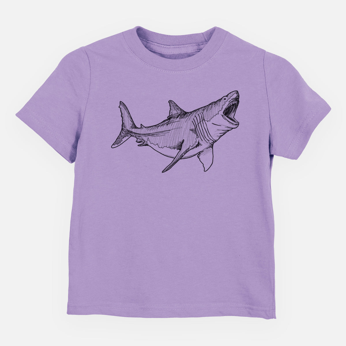 Lavender toddler t-shirt laid flat, printed with a black ink illustration of a megalodon shark with its jaws open.