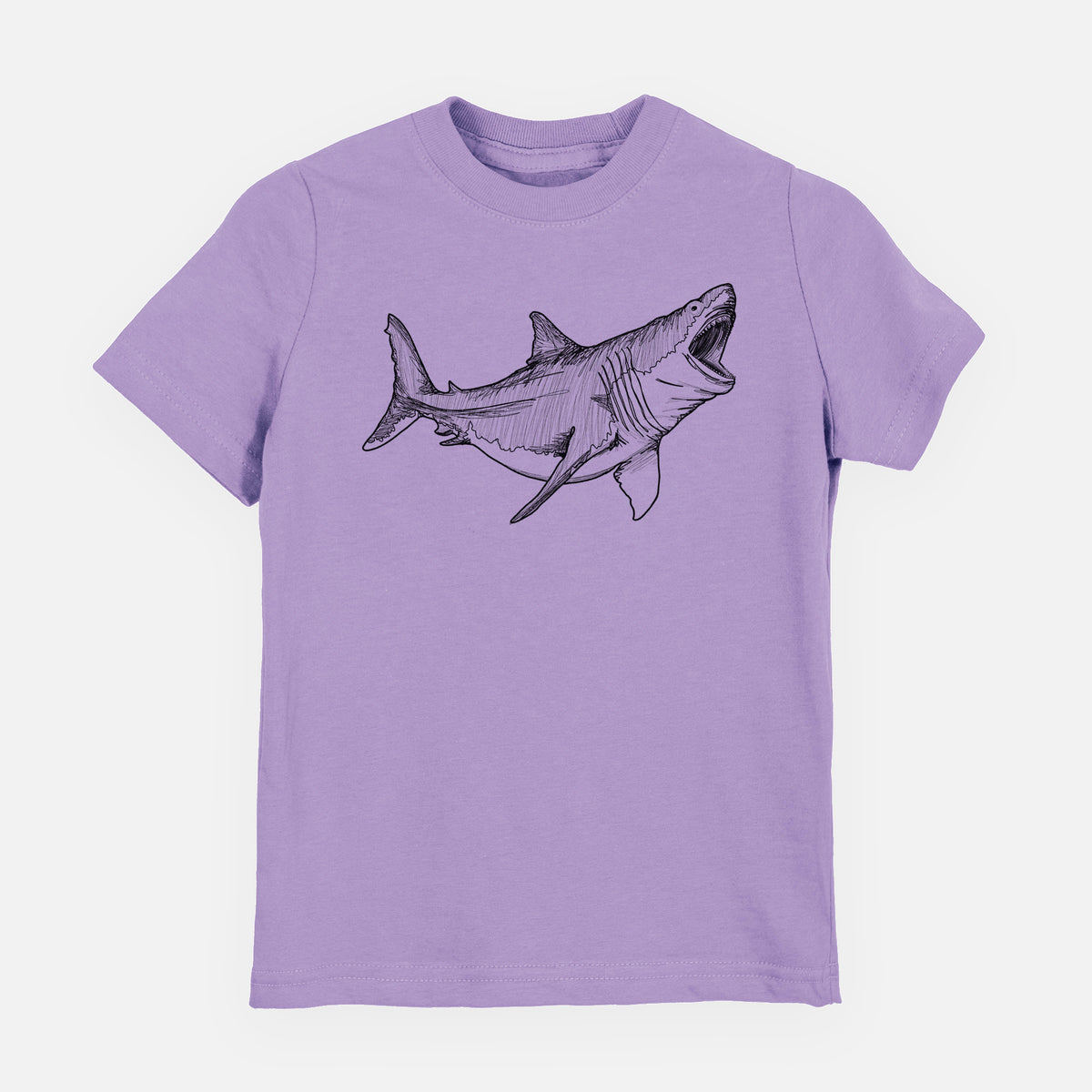 Lavender youth t-shirt laid flat, printed with a black ink illustration of a megalodon shark with its jaws open.