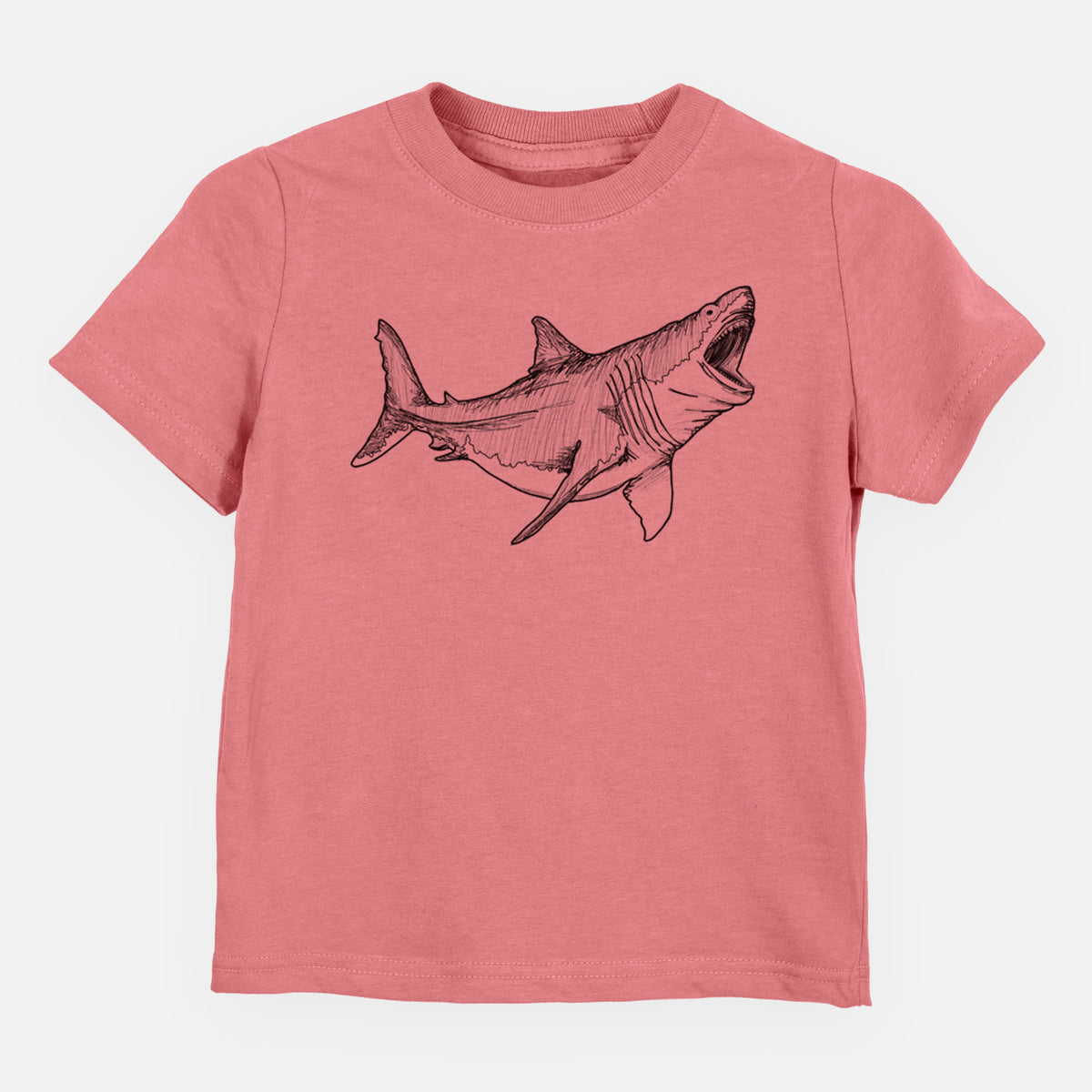 Mauve pink toddler t-shirt laid flat, printed with a black ink illustration of a megalodon shark with its jaws open.