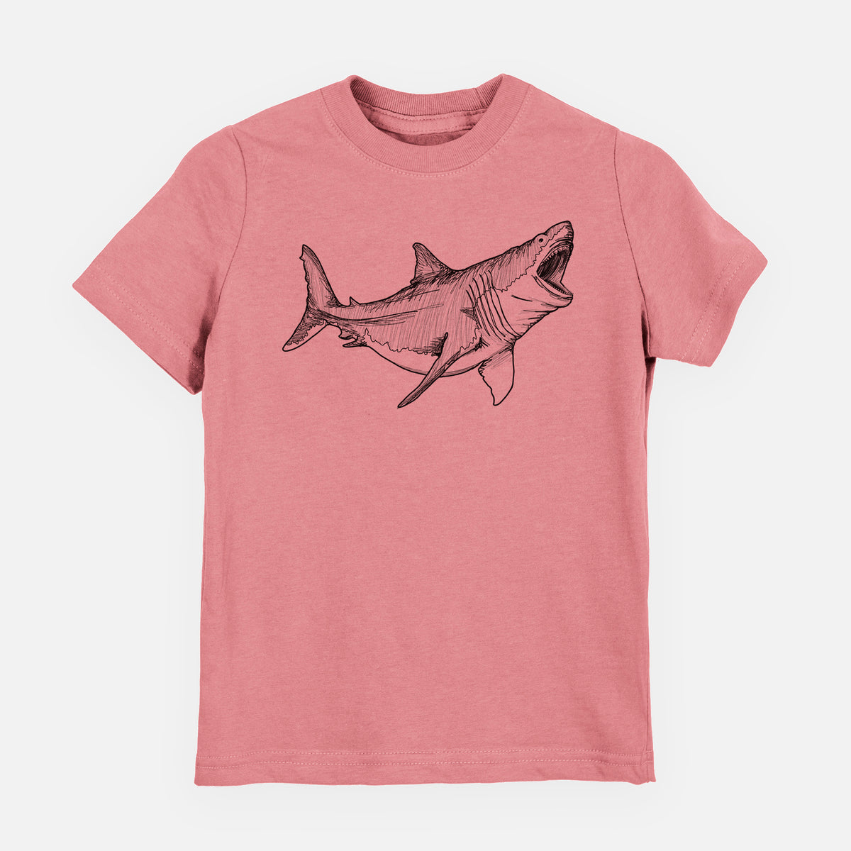 Mauve pink youth t-shirt laid flat, printed with a black ink illustration of a megalodon shark with its jaws open.