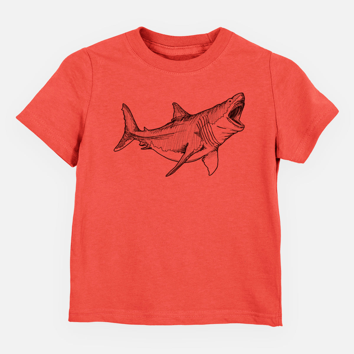 Passionfruit pink toddler t-shirt laid flat, printed with a black ink illustration of a megalodon shark with its jaws open.