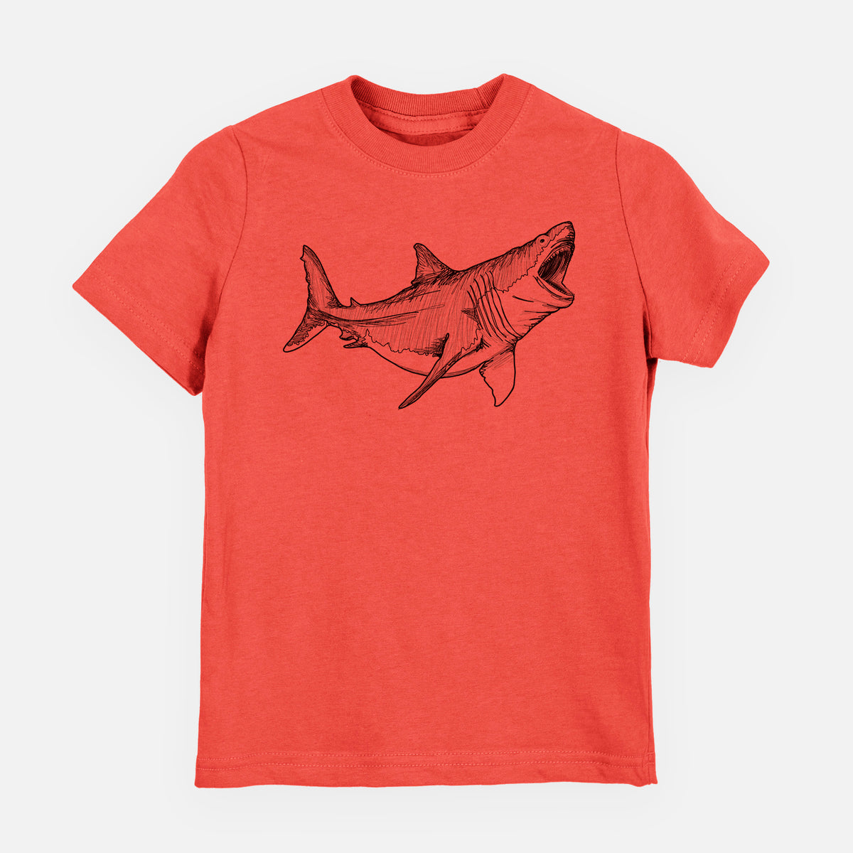Passionfruit pink youth t-shirt laid flat, printed with a black ink illustration of a megalodon shark with its jaws open.