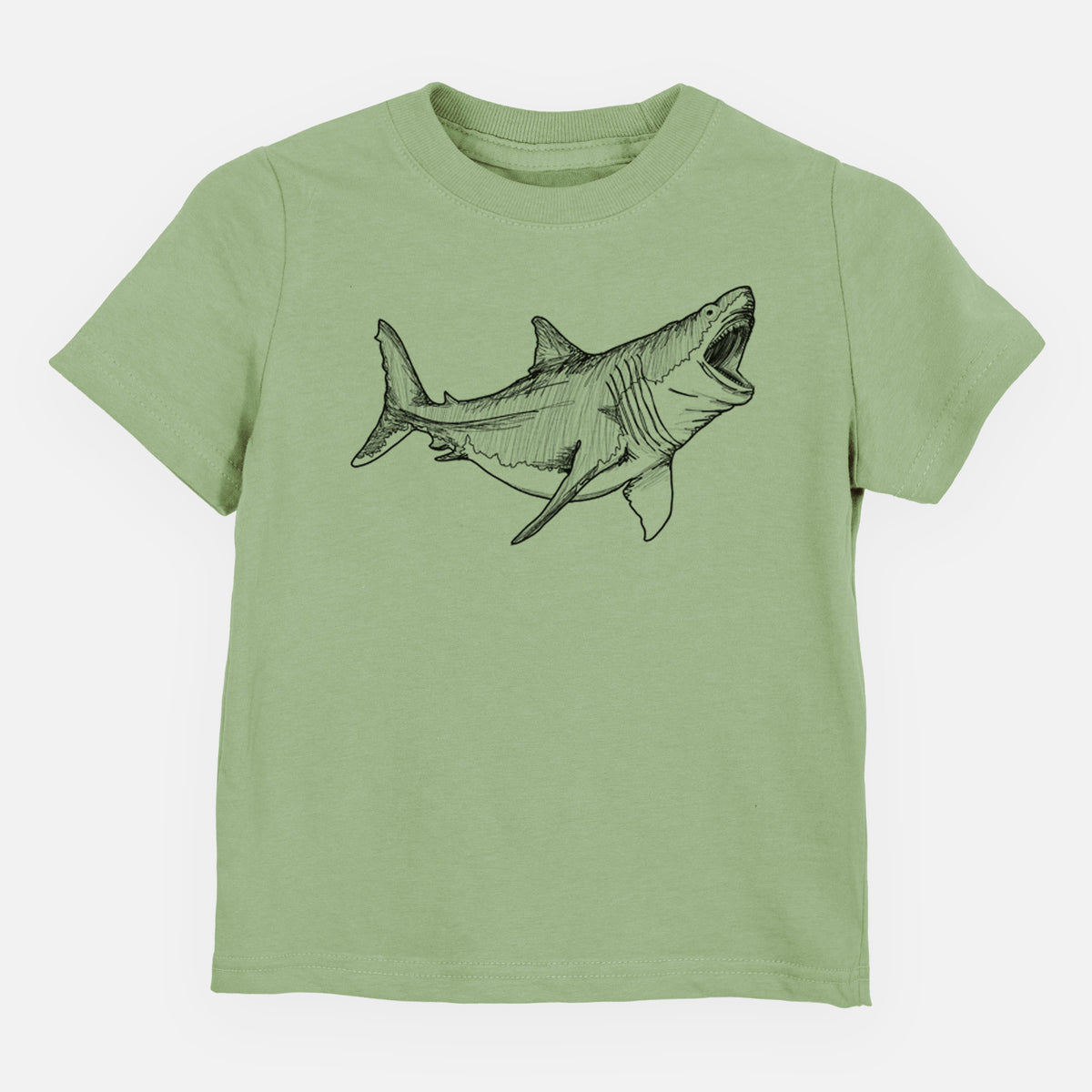 Sage green toddler t-shirt laid flat, printed with a black ink illustration of a megalodon shark with its jaws open.
