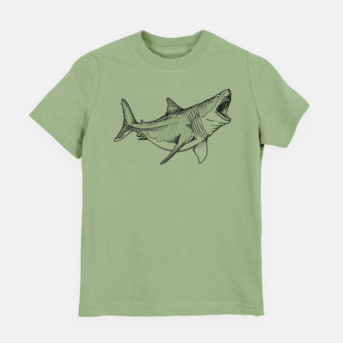 Sage green youth t-shirt laid flat, printed with a black ink illustration of a megalodon shark with its jaws open.