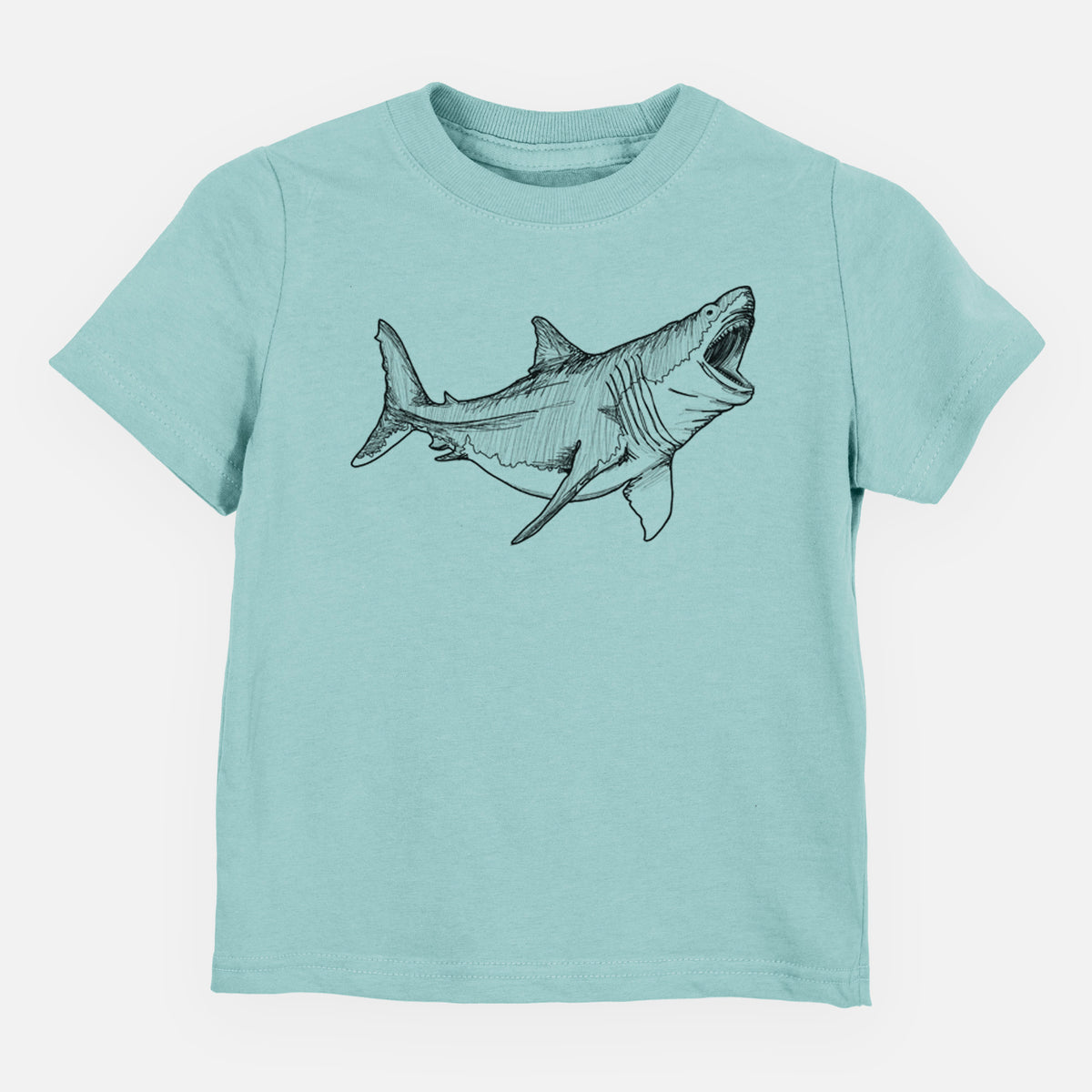 Saltwater toddler t-shirt laid flat, printed with a black ink illustration of a megalodon shark with its jaws open.