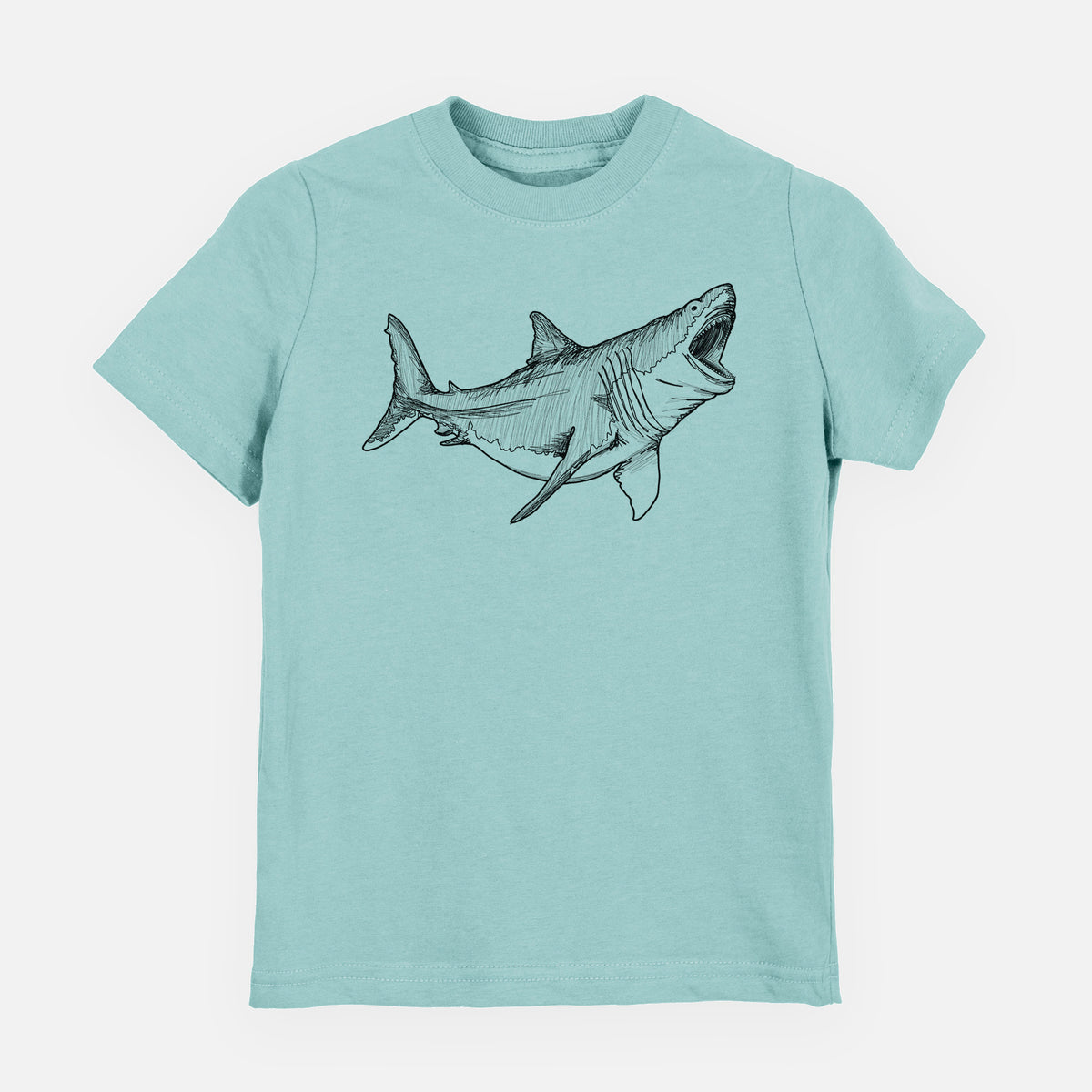 Saltwater youth t-shirt laid flat, printed with a black ink illustration of a megalodon shark with its jaws open.