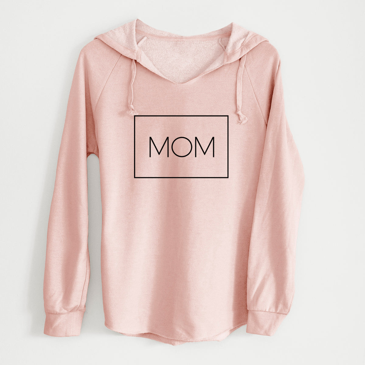 Blush pink women's Cali Wave hooded sweatshirt printed with the word MOM in thin black letters inside a rectangle outline.