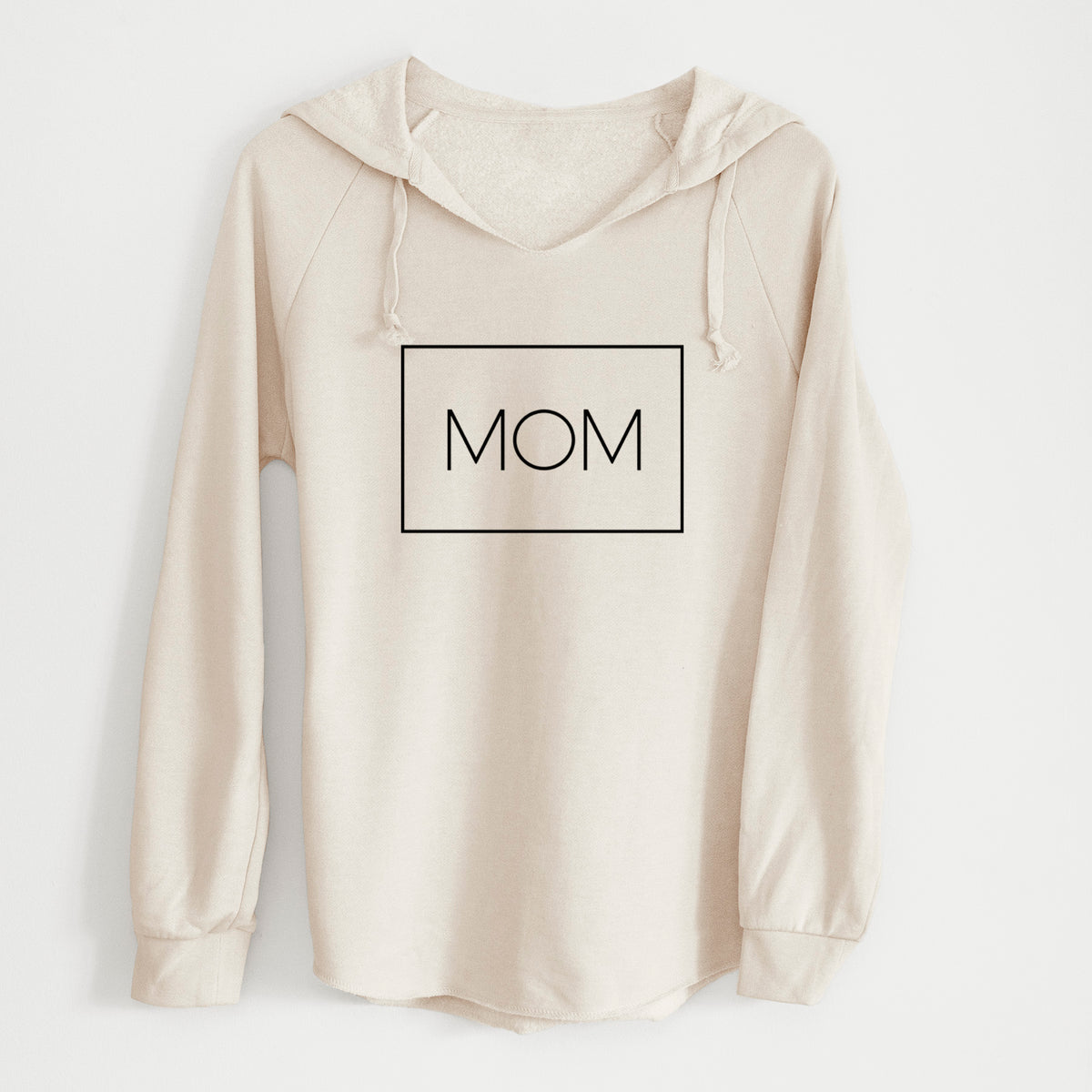 Bone cream women's Cali Wave hooded sweatshirt printed with the word MOM in thin black letters inside a rectangle outline.