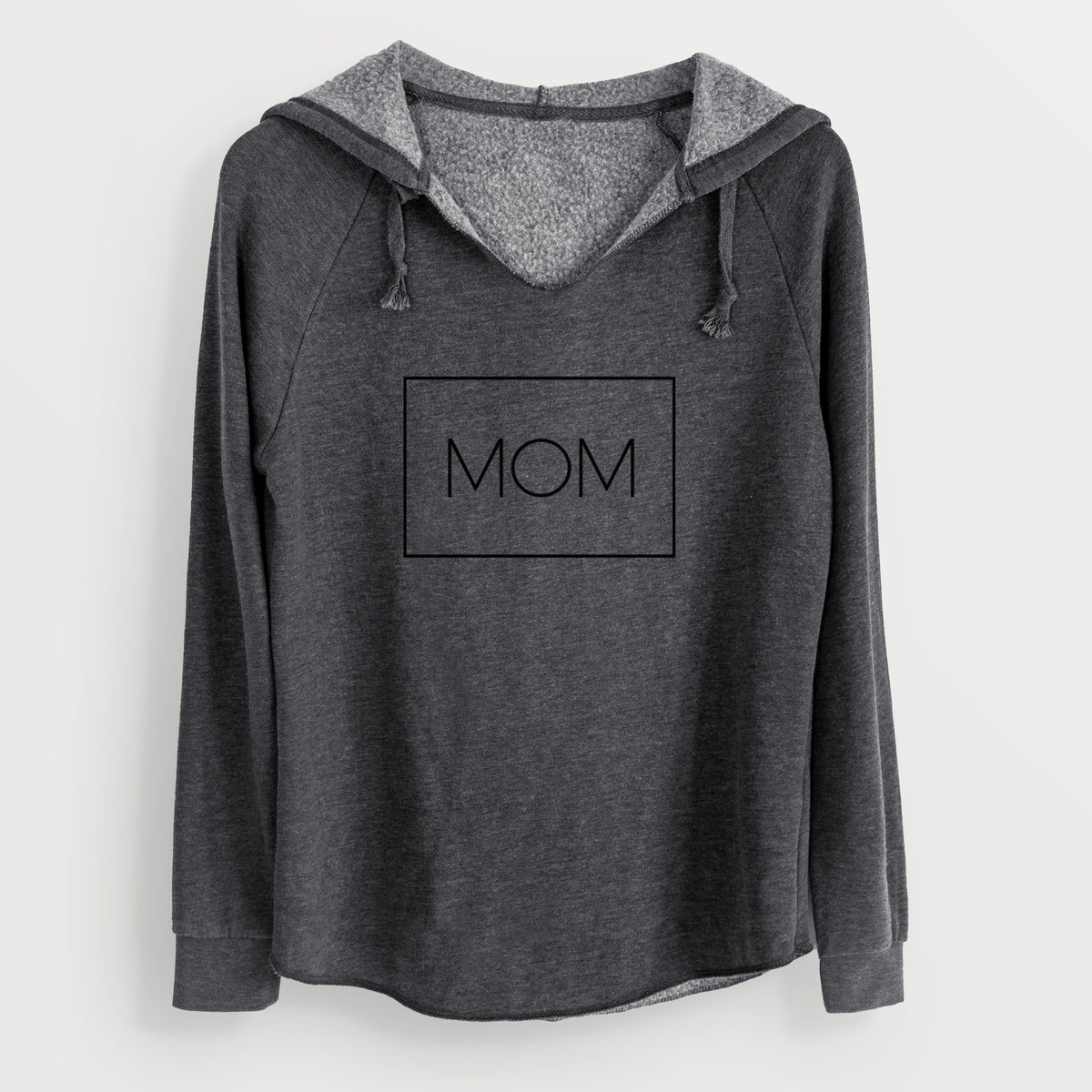 Charcoal women's Cali Wave hooded sweatshirt printed with the word MOM in thin black letters inside a rectangle outline.