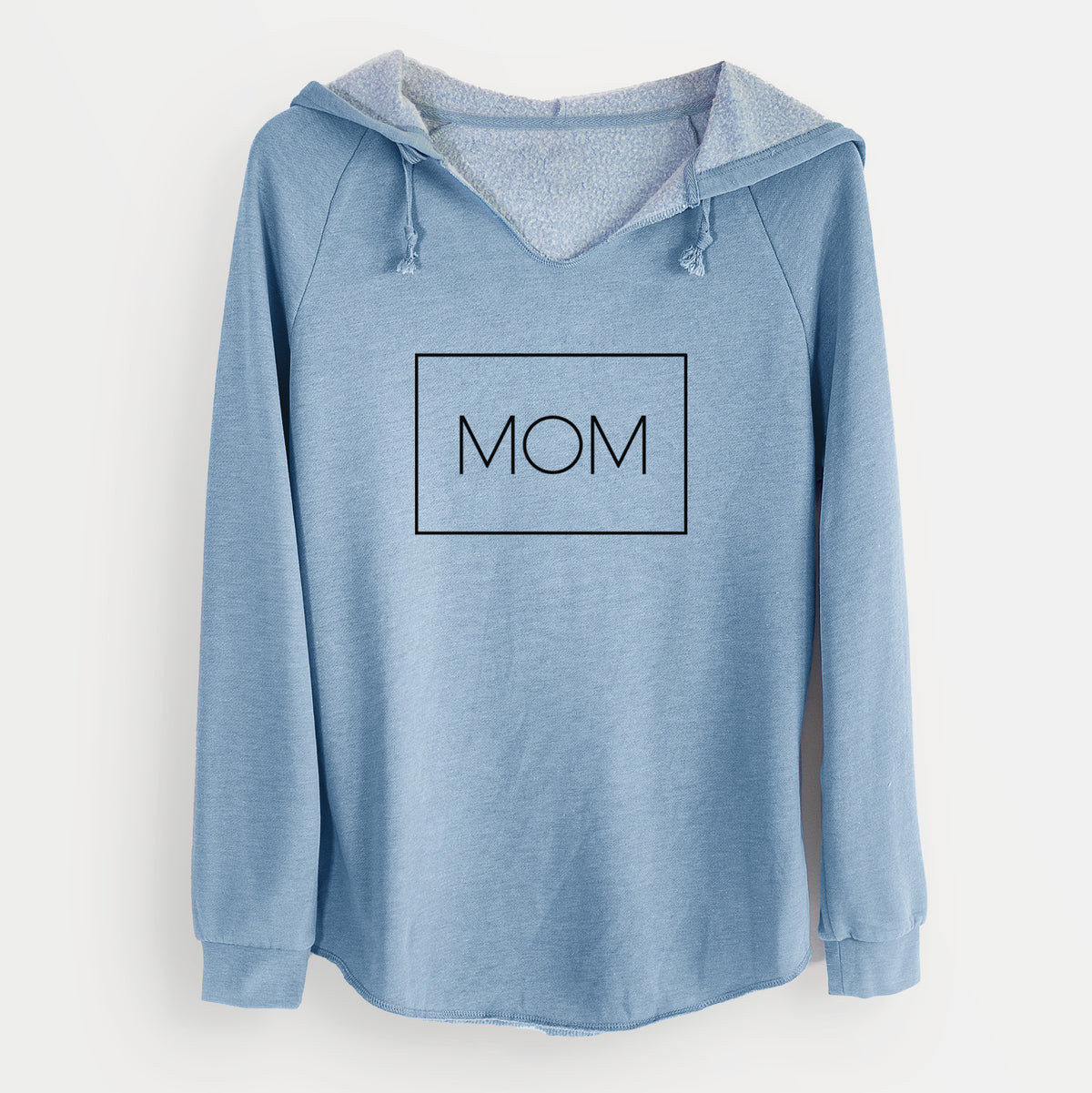 Misty blue women's Cali Wave hooded sweatshirt printed with the word MOM in thin black letters inside a rectangle outline.