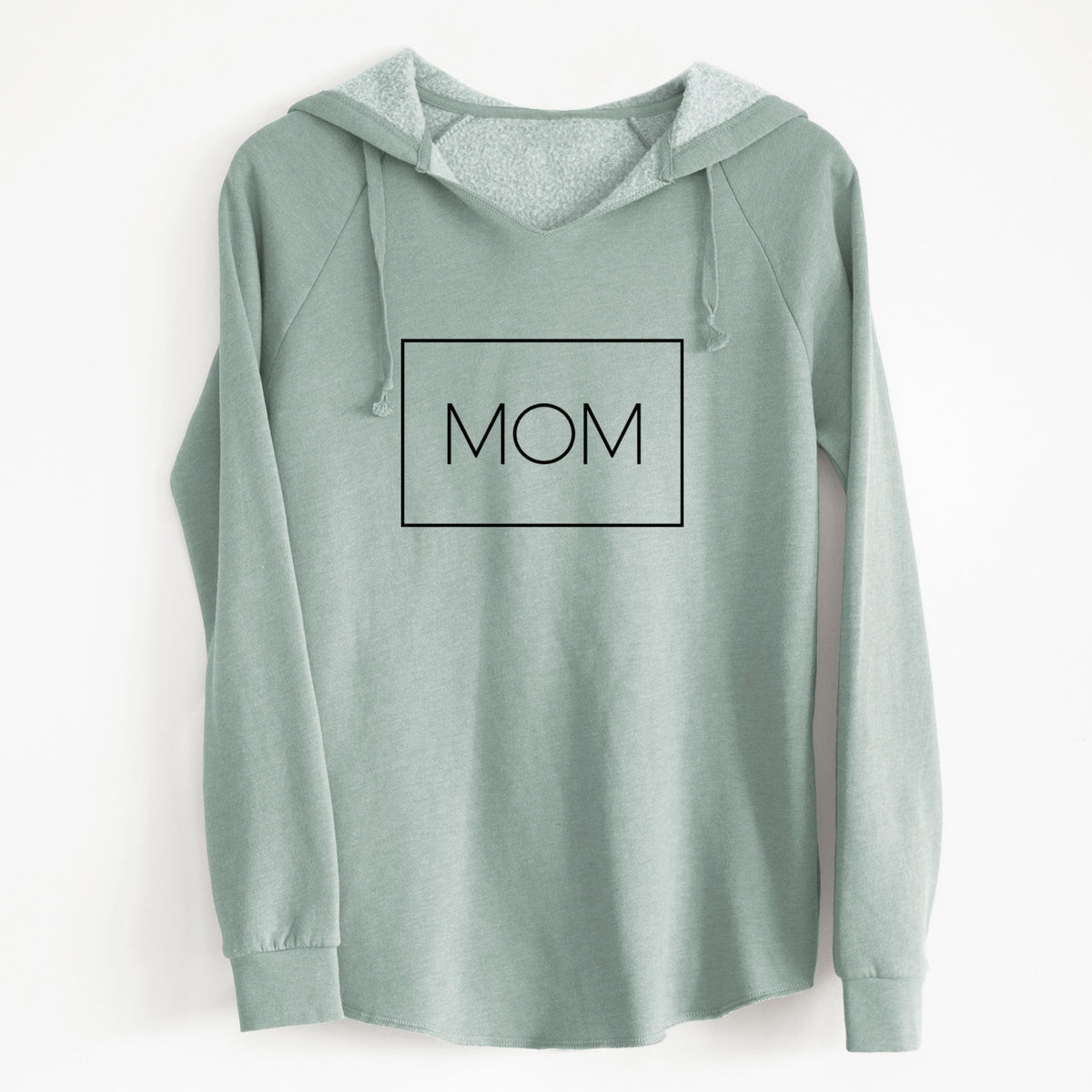 Sage green women's Cali Wave hooded sweatshirt printed with the word MOM in thin black letters inside a rectangle outline.
